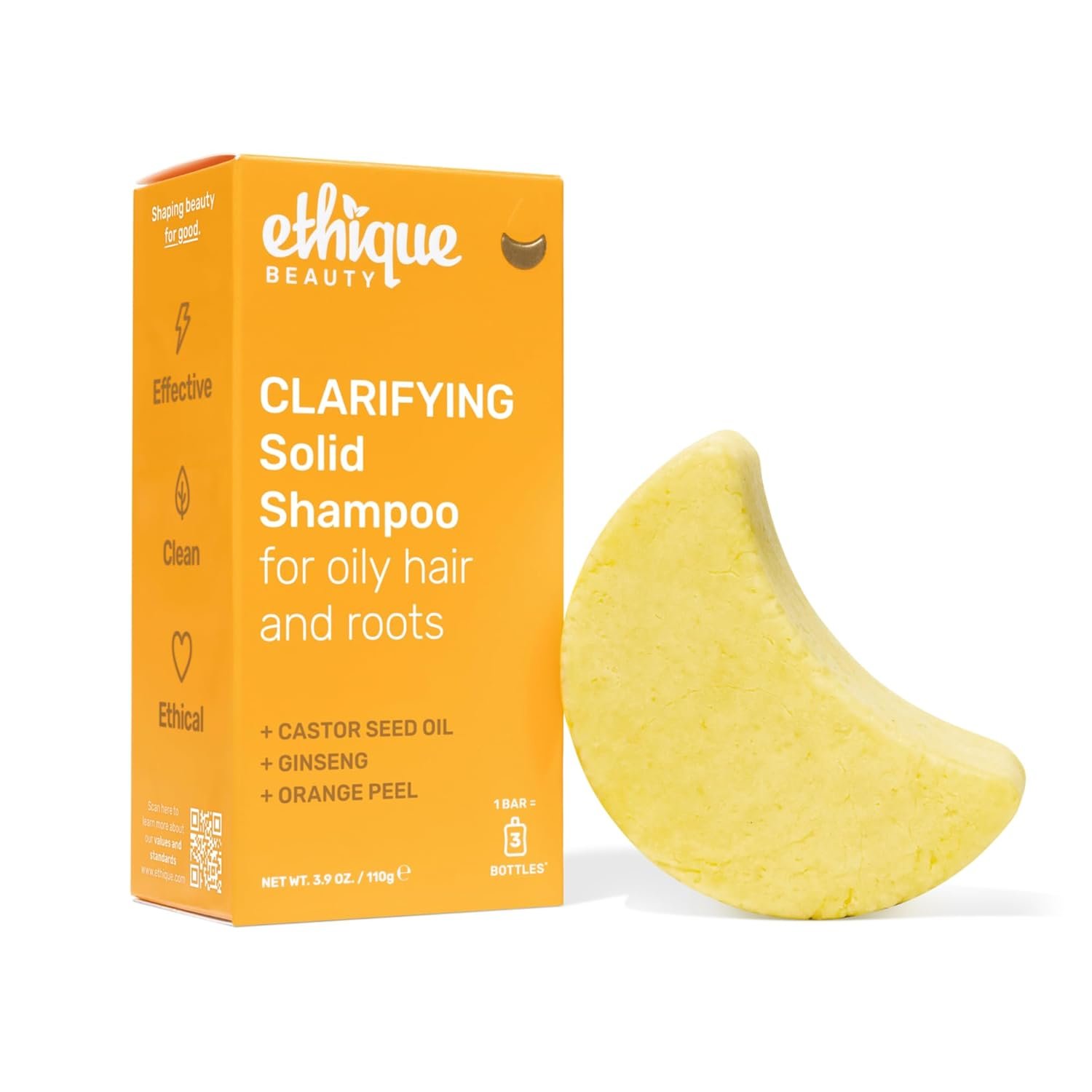 Ethique Clarifying Shampoo Bar with Castor Oil, 3.88 oz | For oily hair & product build-up, plastic-free, vegan, cruelty-free
