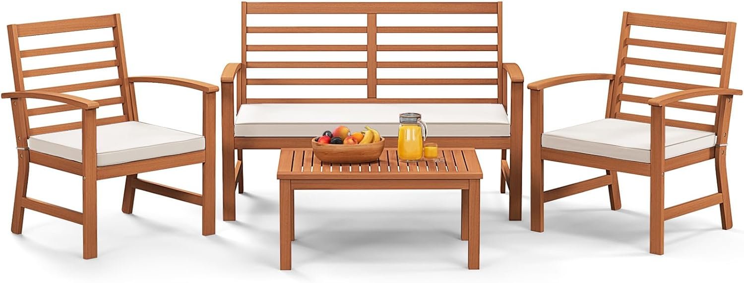 Tangkula 4 Pieces Outdoor Furniture Set, Acacia Wood Conversation Set w/Soft Seat Cushions, Stable Acacia Wood Frame, Patio Sofa & Coffee Table Set for Backyard, Porch, Poolside (White)