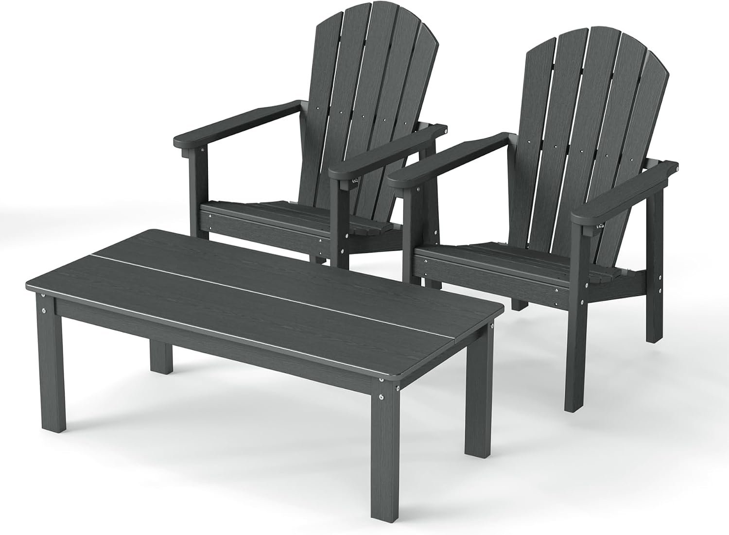 Stackable Set,2 Chairs with 47in Table,All-Weather HDPE,Gray | 3-Piece Set: 2 Stackable Chairs,380 lbs Each+47.2in Long Table,HDPE All-Weather,304 Stainless,Compact Storage