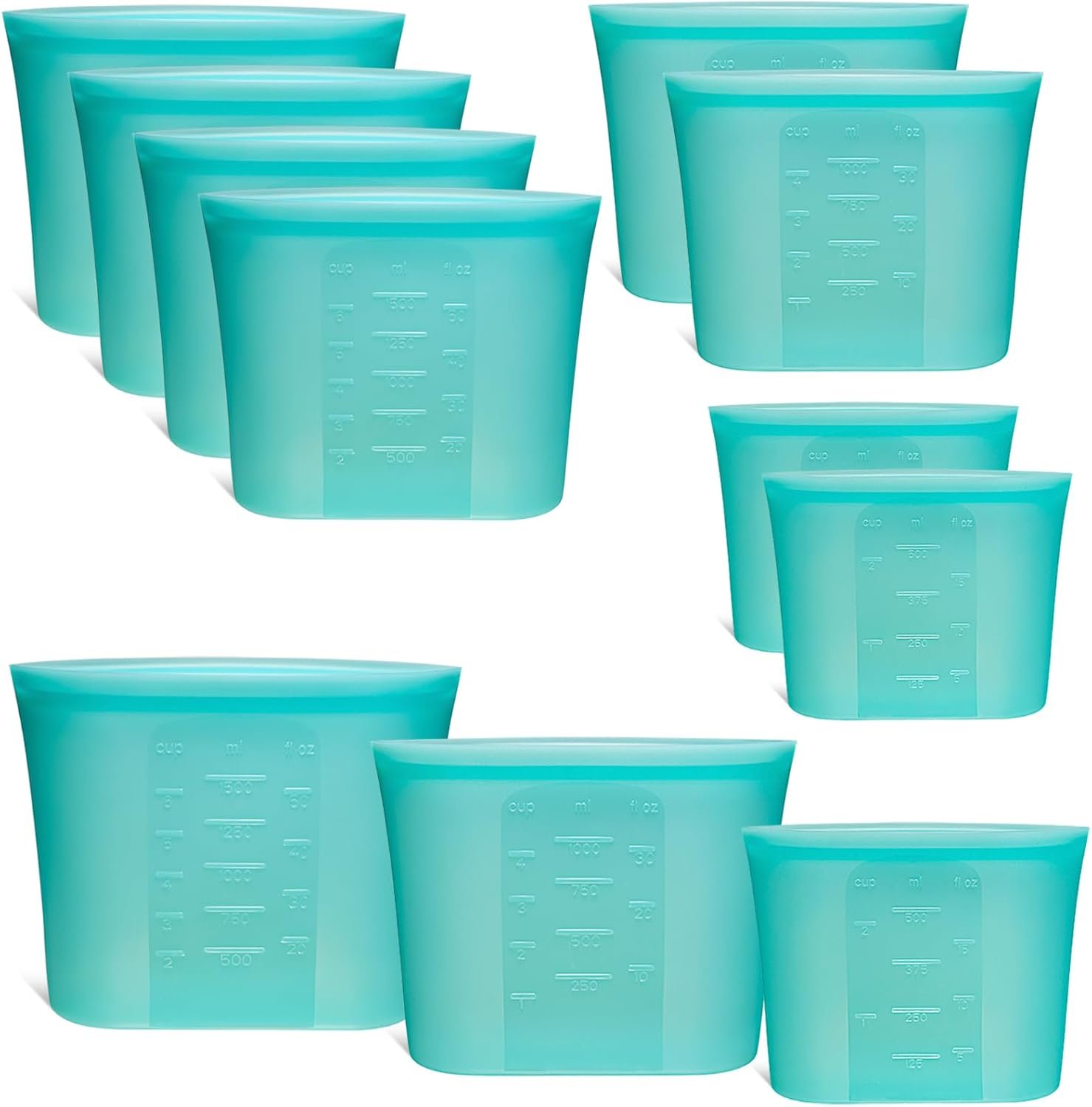 8-Pack Reusable Silicone Food Storage Bags, 100% Silicone Stand-Up Wide-Open Zip-Lock Reusable Storage Bags for Food, Freezer Microwave Oven Dishwasher Safe, Aqua, 4M 2S 2XS