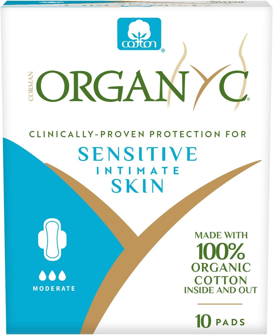 Organyc 100% Certified Organic Cotton Feminine Pads, Moderate Flow, 10 Count
