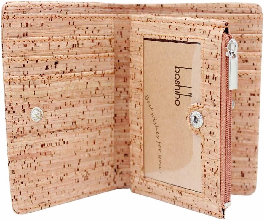 Eco Cork Friendly RFID Blocking Wallet Bi-fold Card Holder Vertical Wallet With Zippered Coin Purse & ID Window