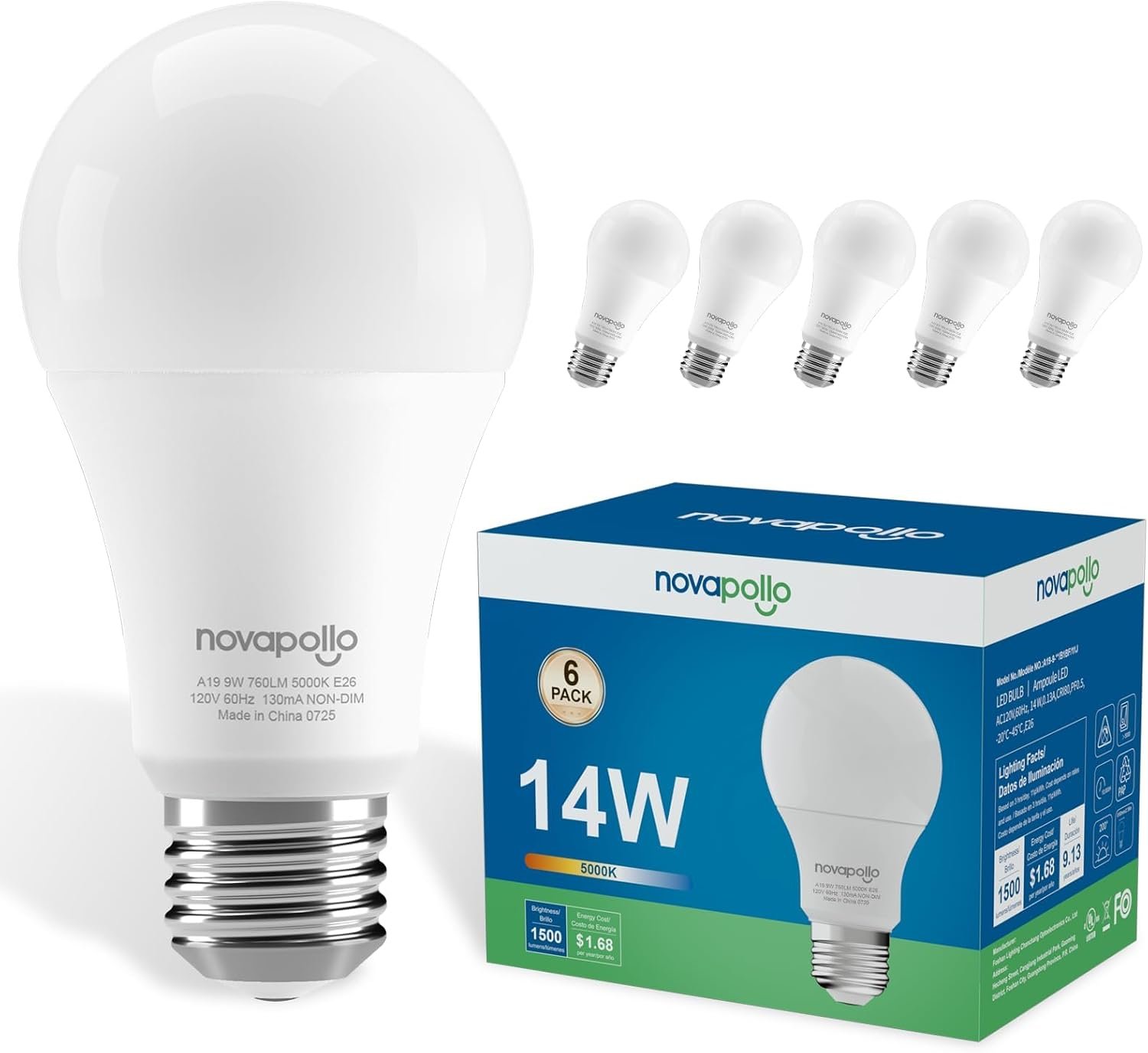 LED Light Bulbs, A19 100 Watt Equivalent LED Bulbs, E26 Standard Base, Daylight White 5000K Energy Saving Lightbulbs, 14W 1500LM Non-Dimmable, 10,000 Hour Lifetime, 6-Pack