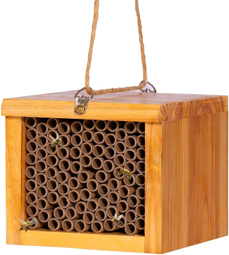 Mason Bee House – Wax Coated Bee Hotel for the Garden, Natural Handmade Wooden bee Home, Mason Bee Home for Outdoors, Attracts Peaceful Bee Pollinators to Your Garden
