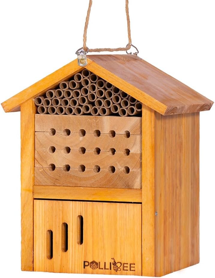 Mason Bee House -Wax Coated Mason House for The Garden,Natural Handmade Wooden Mason Home, Attracts Peaceful Bee Pollinators, Native Mason Bee Habitat