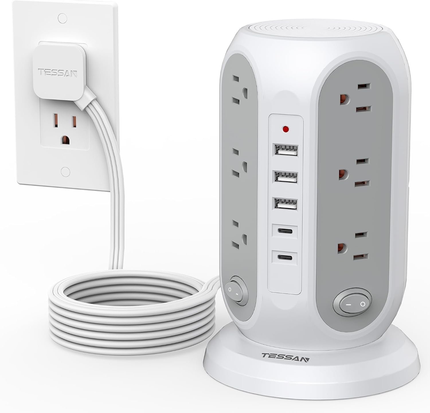 TESSAN Tower Power Strip Surge Protector, Flat Extension Cord 10 Ft, Grey | Individual Switches with 12 Outlets, 5 USB Ports(2 USB C), Flat Plug, Charging Station for Multiple Devices, Office, Dorm