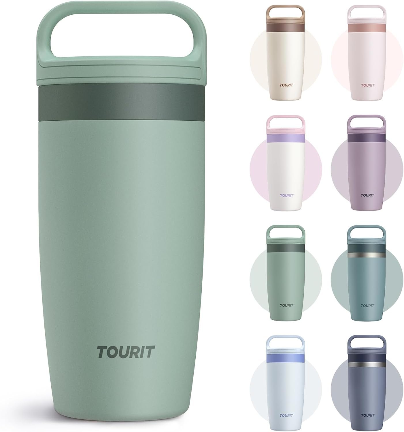 TOURIT Travel Coffee Mug 16 oz,Leakproof 2-Part Lid Tumbler,Grayish Green | Coffee Tumbler Cup, Insulated Stainless Steel Travel Mug, Dishwasher Safe Reusable Water Bottle, BPA-Free Coffee Mug