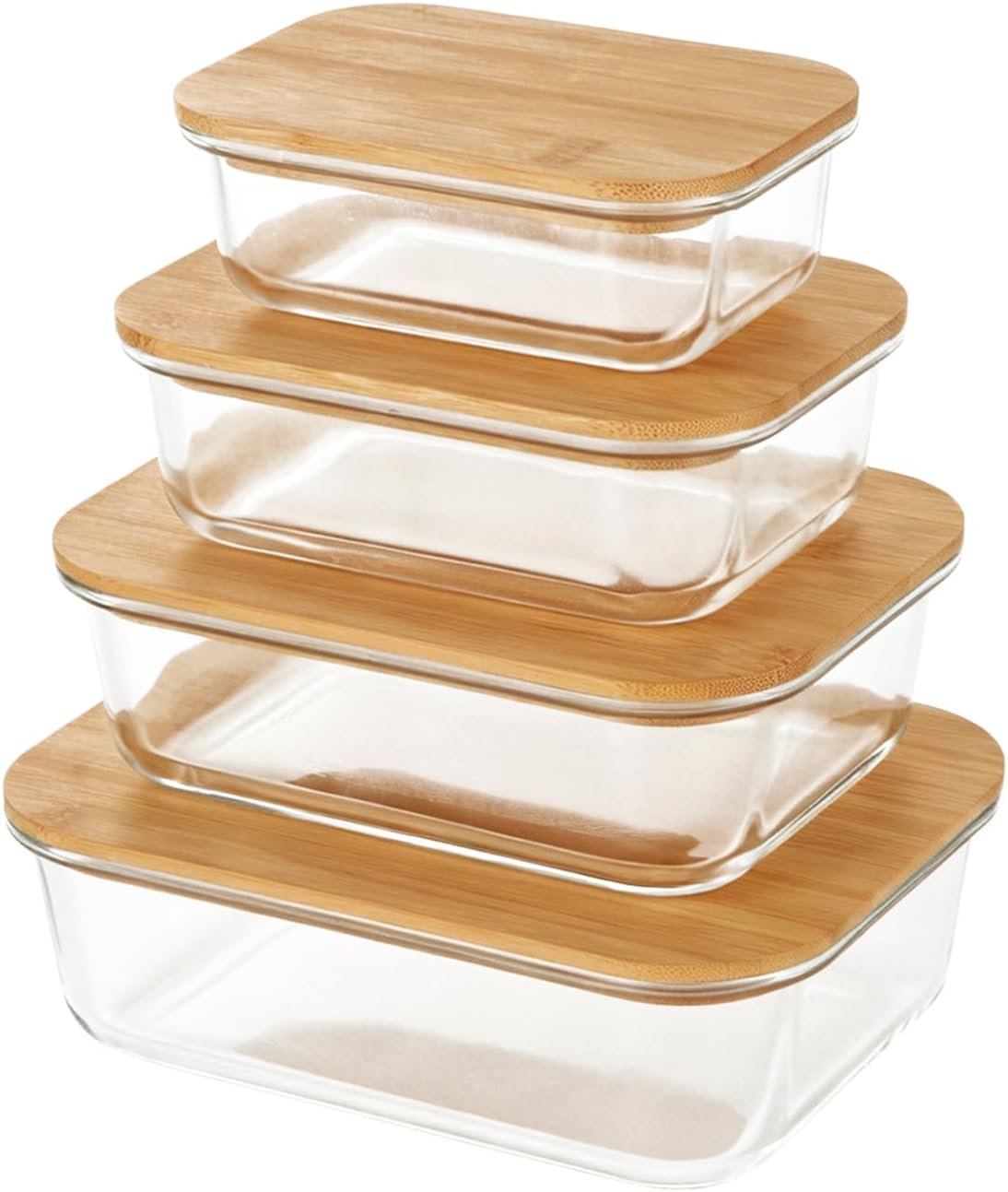 4 Pcs Glass Food Storage Containers with Lids, Meal Prep Containers Glass Set with Bamboo Lids, Silicone Seals, Rectangular Kitchen Set for Lunch, Fridge and Pantry