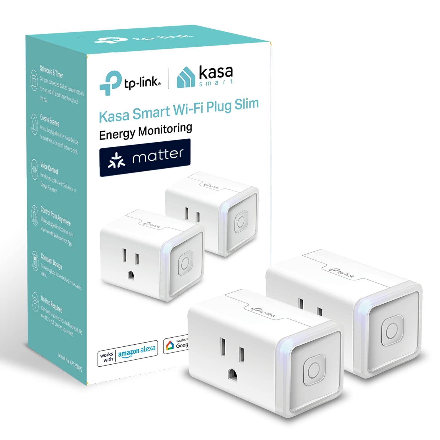 Kasa Matter Smart Plug with Energy Monitoring, KP125MP2, 15A/1800W Max | Compact Design, Easy Setup, Works with Apple Home, Alexa & Google Home, UL Certified, 2.4GHz Wi-Fi, White, 2-Pack