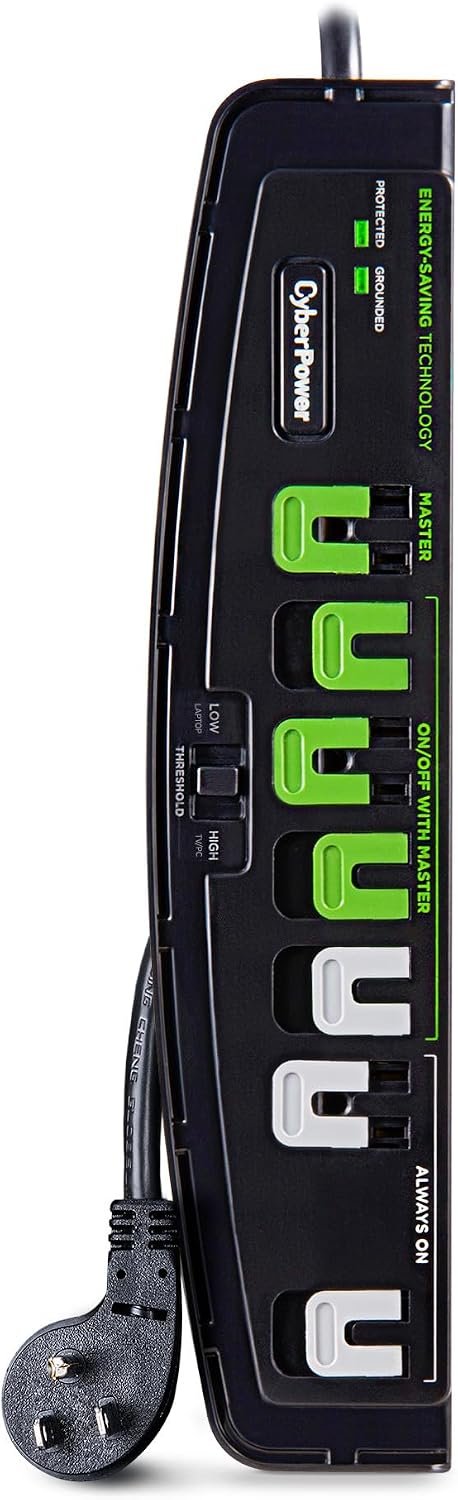 CyberPower P705G Energy-Saving Surge Protector Power Strip, 2100J/125V, 15A, 7 Outlets, 5ft Power Cord, Black and Green, UL Listed