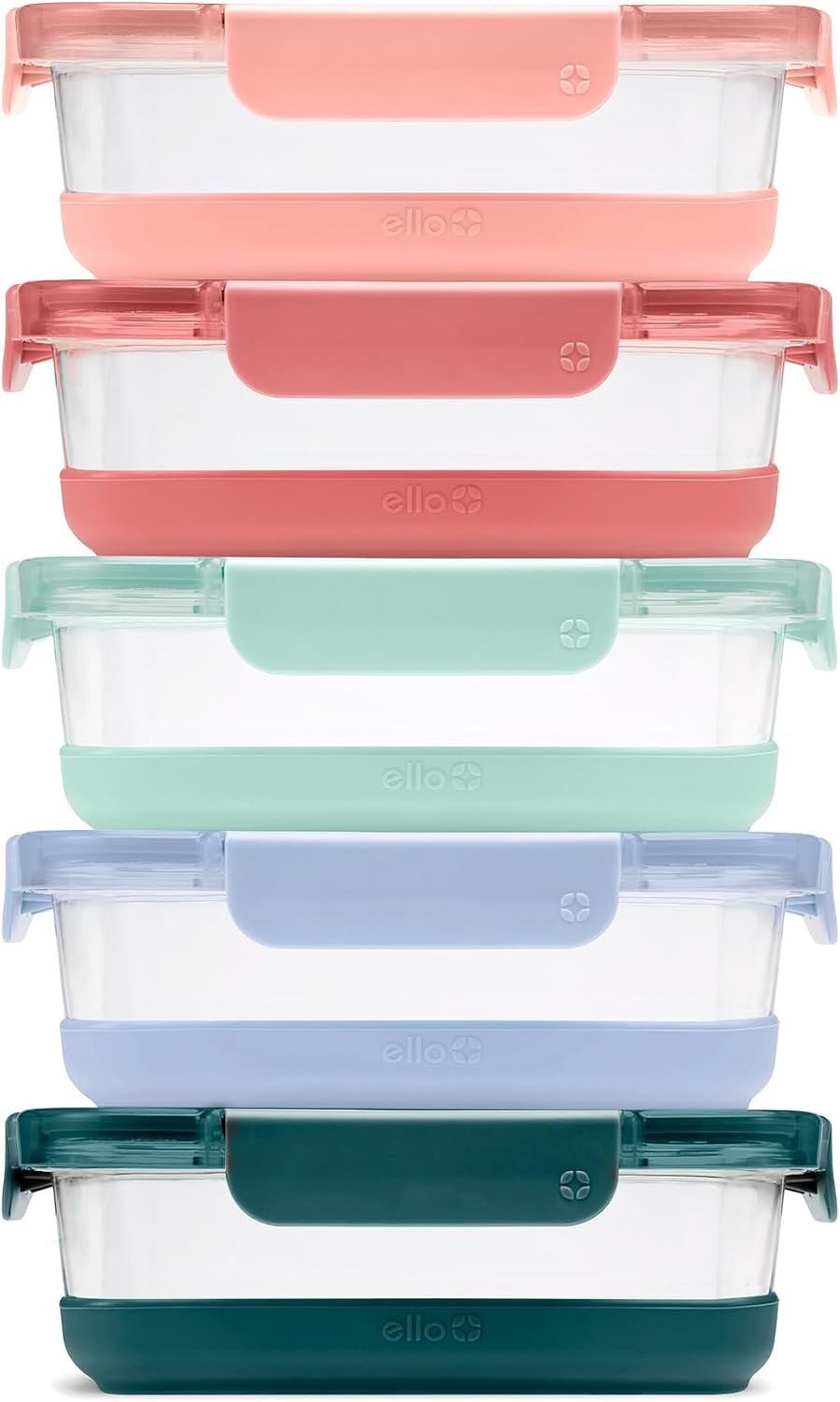 Ello Duraglass Refresh 3.4 Cup Meal Prep Containers, 10 Pc, Melon | Glass meal prep container set with silicone boots, airtight leakproof BPA-free lids, microwave, freezer & dishwasher safe