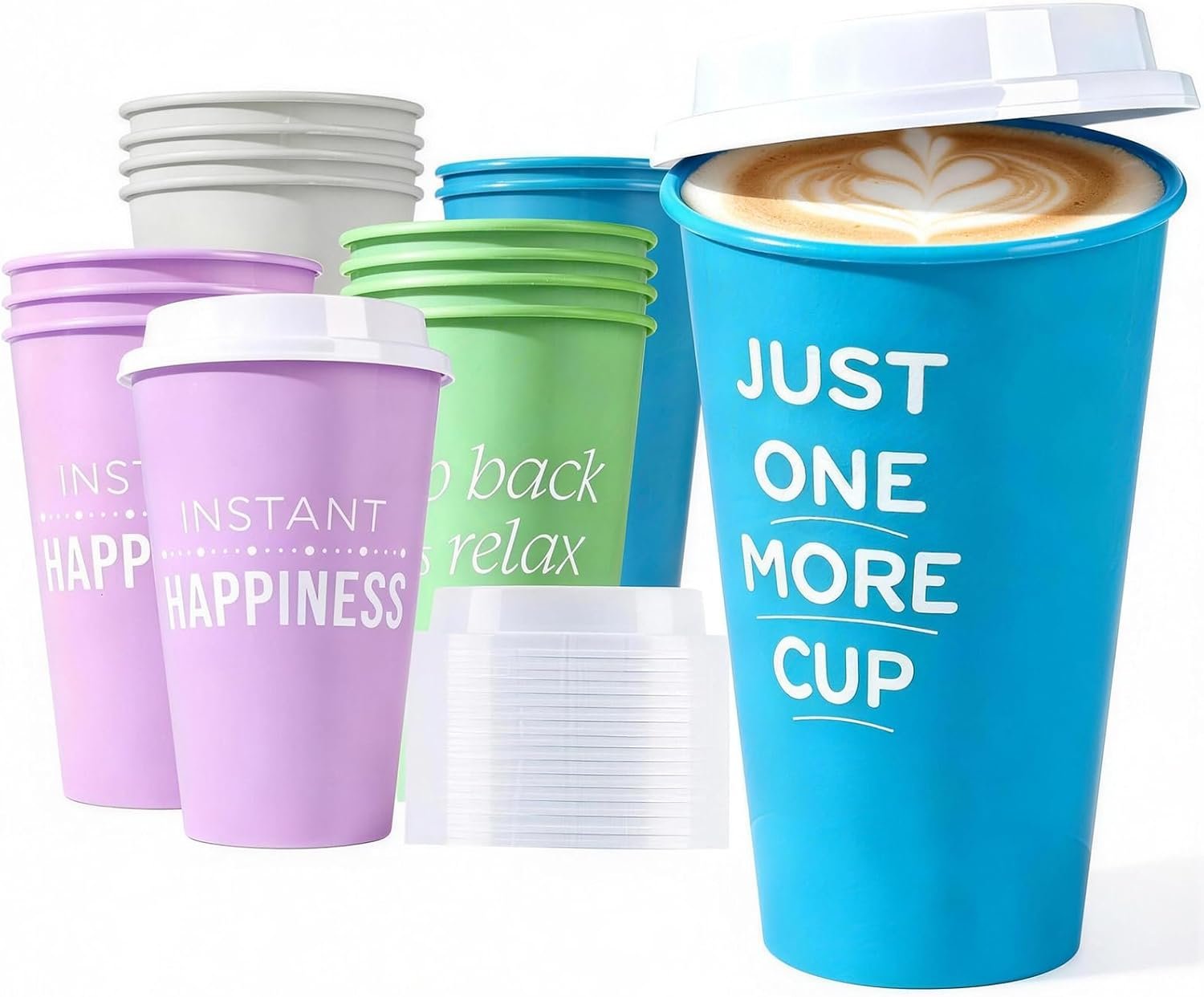 Plastic Reusable Coffee Cups with Lids, 15 Pack | To Go Travel Mug, Hot/Cold Drinks, 16 oz, 4 Assorted Colors, Dishwasher Safe, BPA-Free