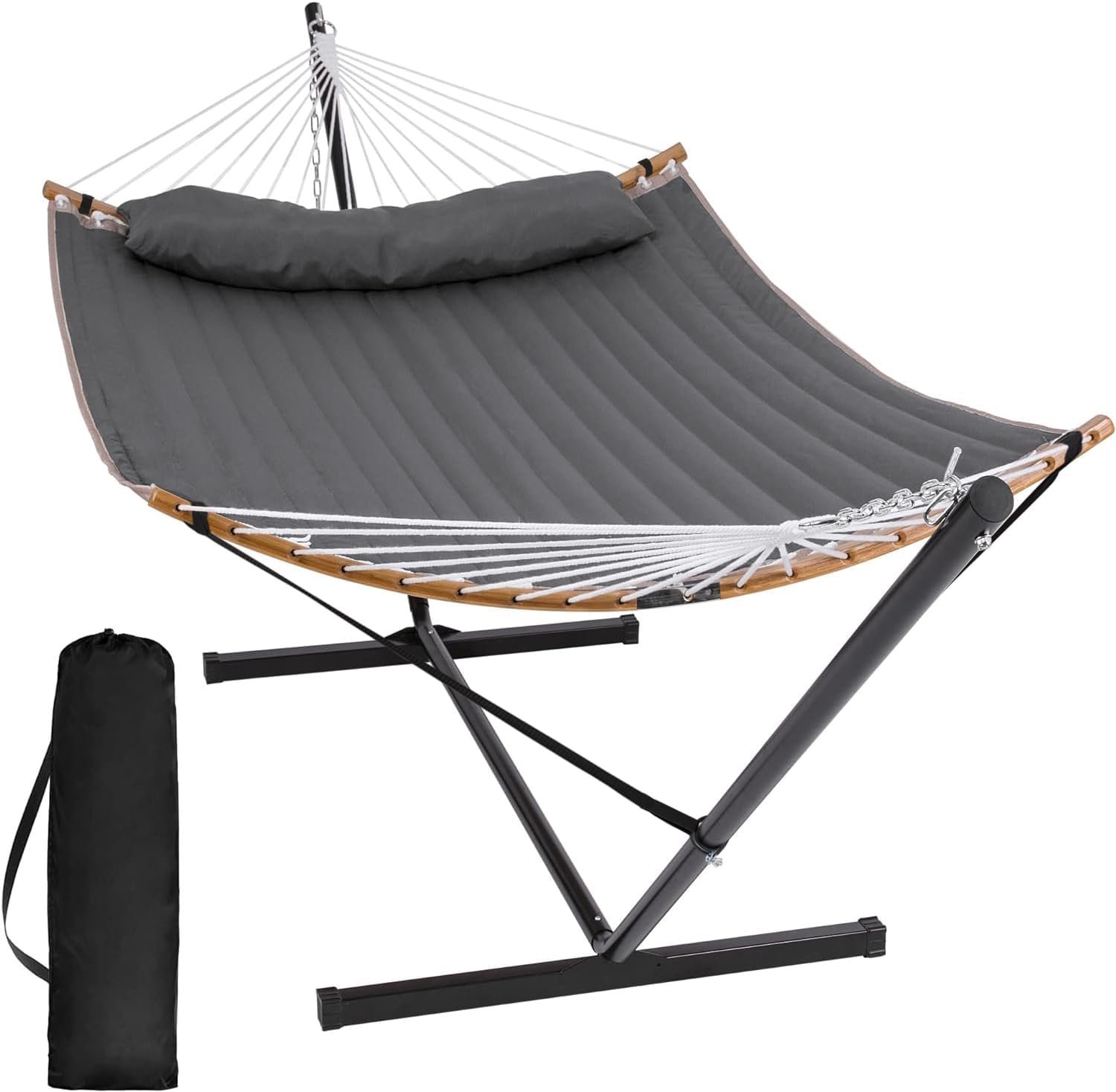 SUNCREAT Double Portable Hammock with Stand, 2 Person Hammock with Curved Spreader Bar, Balance Ropes Included, Dark Gray | 2 Person Hammock with Curved Spreader Bar, Balance Ropes Included