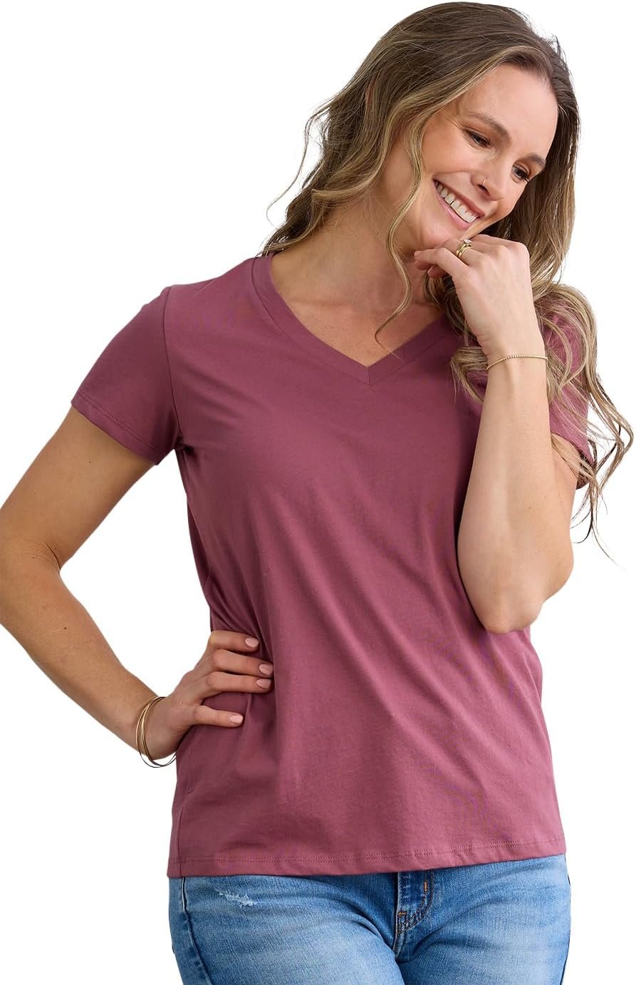 Fair Indigo Women’s 100% Organic Pima Cotton Relaxed Short Sleeve V-Neck T-Shirt