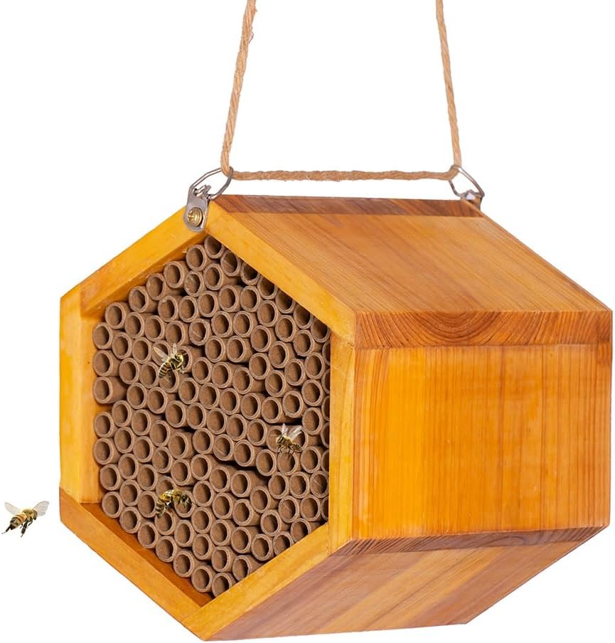 Mason Bee House – Handmade Natural Wooden Bee Hive Coated with Wax for Water-Proof and Long Service Life – Attracts Peaceful Bee Pollinators to Your Garden, Bee Houses for Garden