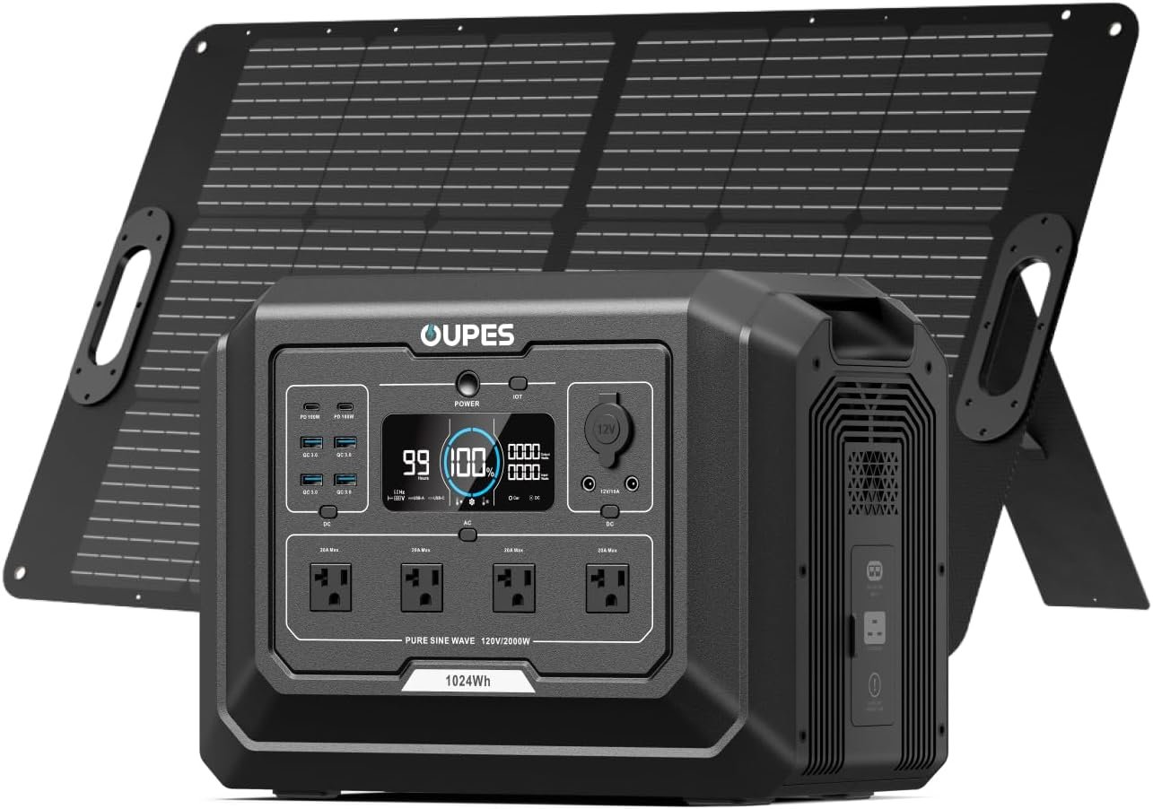 OUPES Mega 1 Solar Generator with 100W Panel Included, 2000W 1024Wh LiFePO4 | Expandable to 5kWh, 36 Mins to 80% Charge, UPS Backup Power Station, Built-in MPPT, 13 Ports, 100W PD USB-C, APP Control
