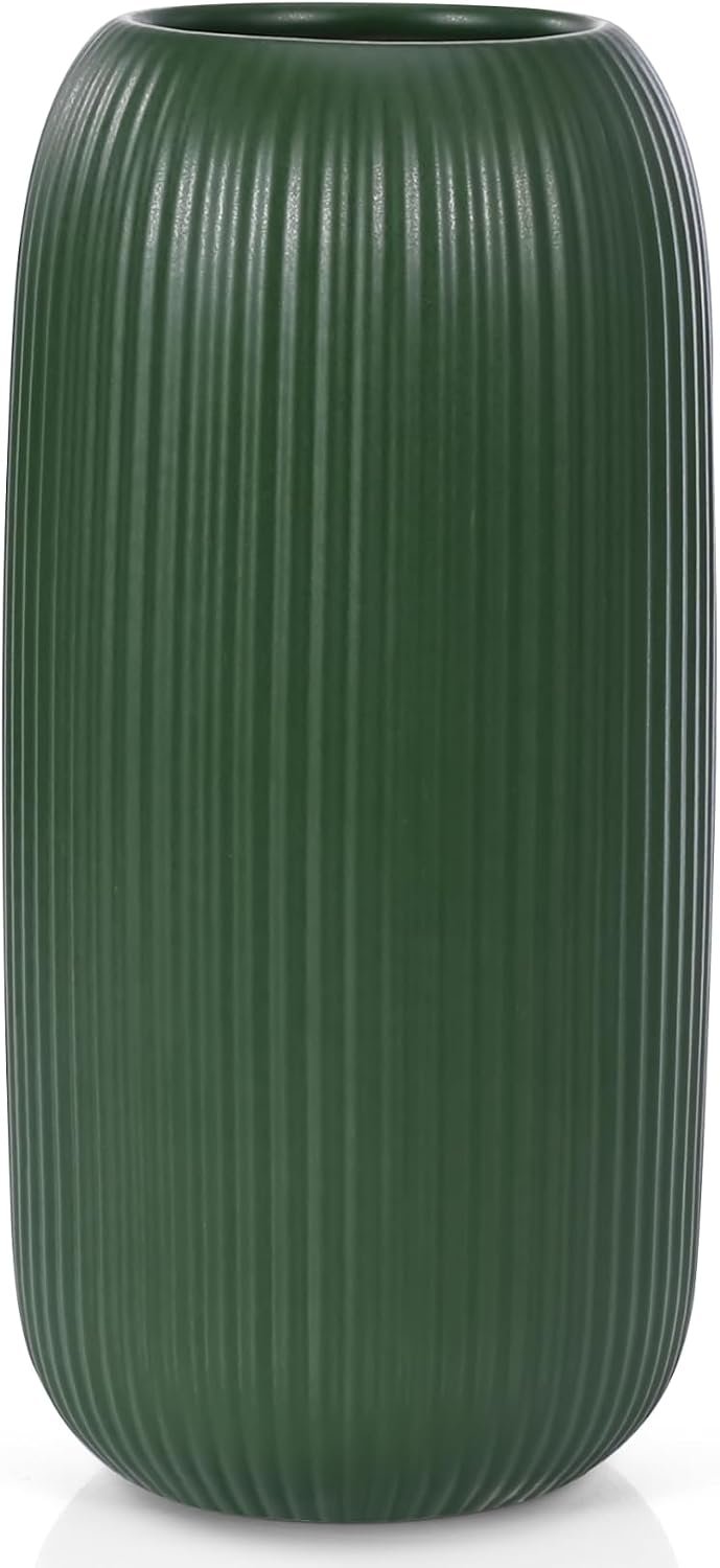Ceramic Vase for Flowers – Modern Small Ribbed Textured Flower Vase for Home Decor, Pampas Grass, Decorative, Farmhouse, Coffee Table, Kitchen Centerpieces, Bookshelf and Home Living(Green)