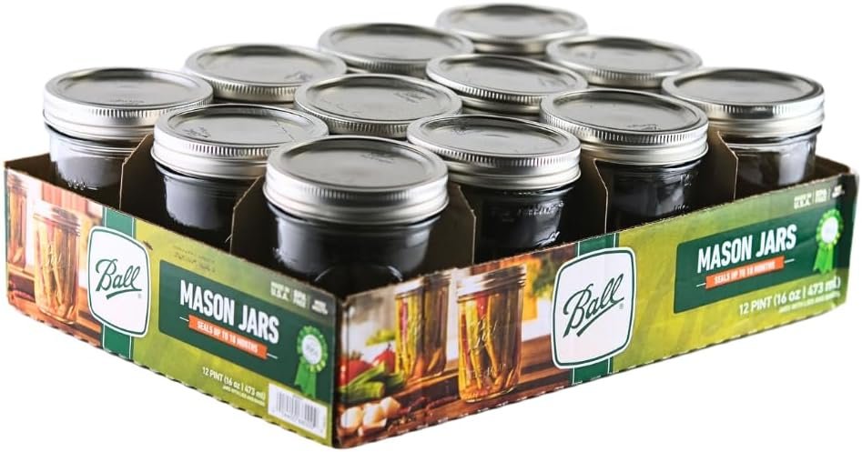 Ball – 16oz Wide Mouth Jars with Lids & Bands 12 Pack Jars, Large Glass Mason Jar for Food Storage with airtight Lid, 0.125 Gallon Glass Jar with Lid and Bands, Set of 12