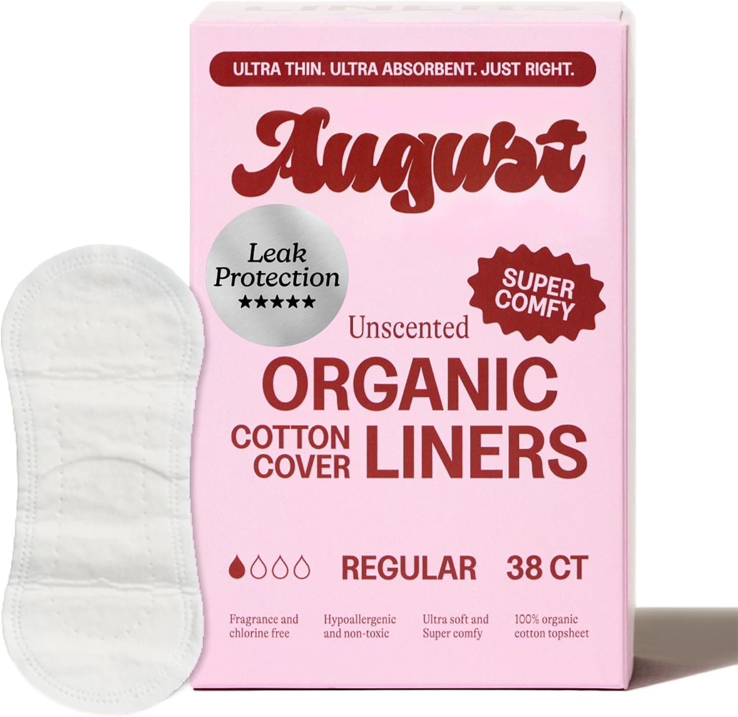 August Organic Panty Liners, 38-Pack Organic Cotton Panty Liners for Women | Liners w/ 100% organic cotton topsheet. Hypoallergenic, non-toxic, fragrance free, comfortable thin panty liners for women.