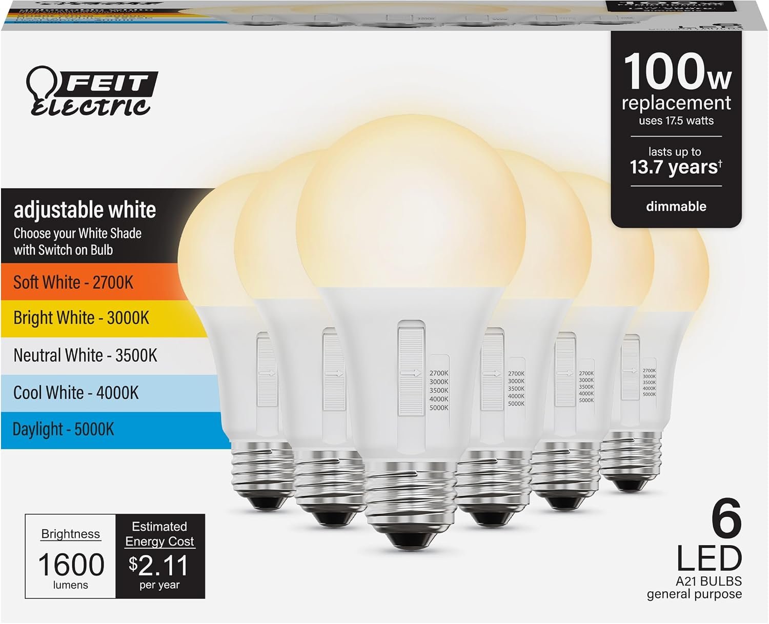 Feit Electric A19 LED Light Bulb, 60W Eq, Dimmable, 5CCT, 800 Lumens