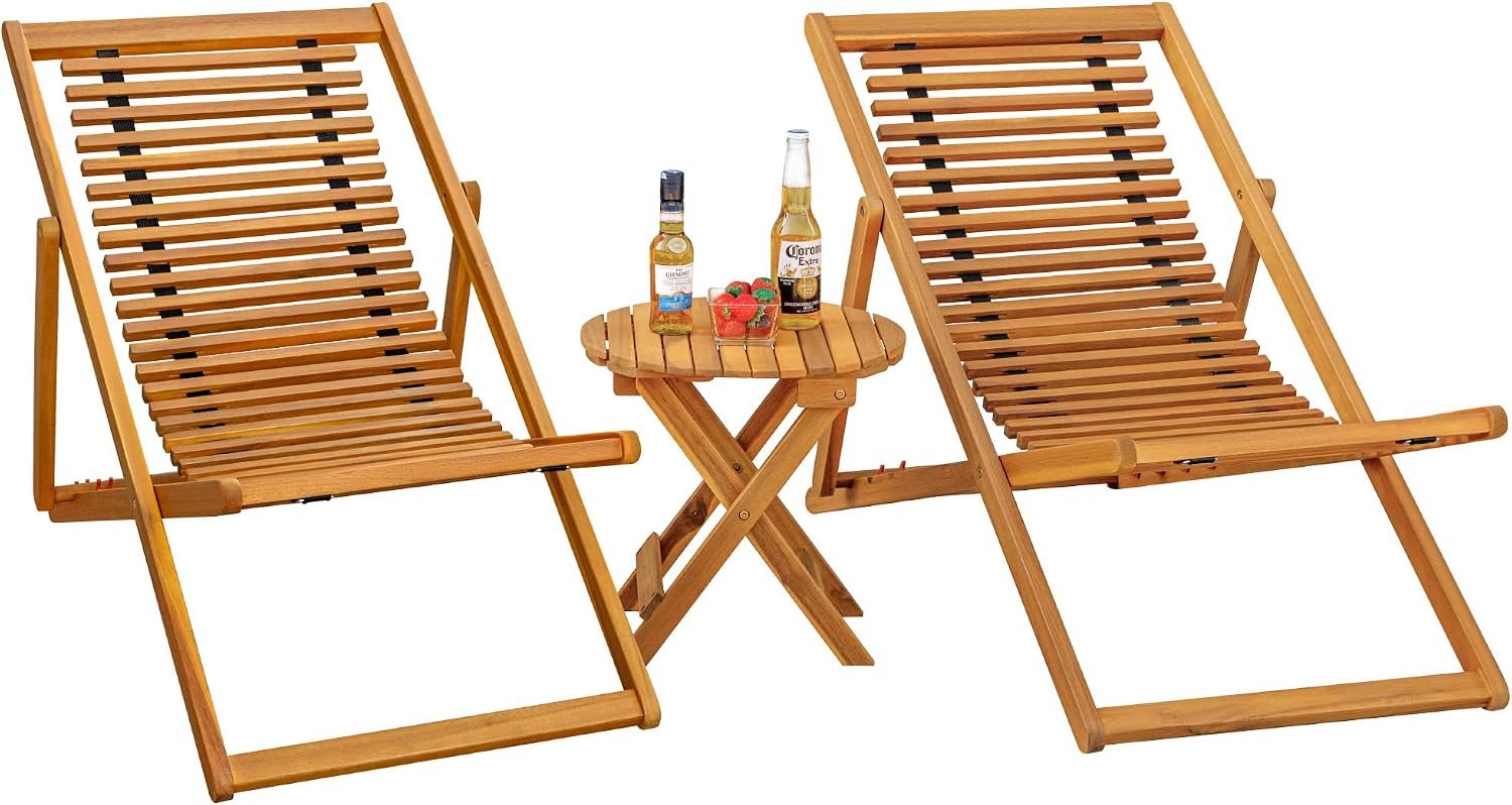Flamaker Acacia Wooden Bench Chairs, Chaise Lounge Chairs for 2 | Adjustable and Foldable Outdoor Furniture with Side Coffee Table for Backyard,Pool,No Assembly