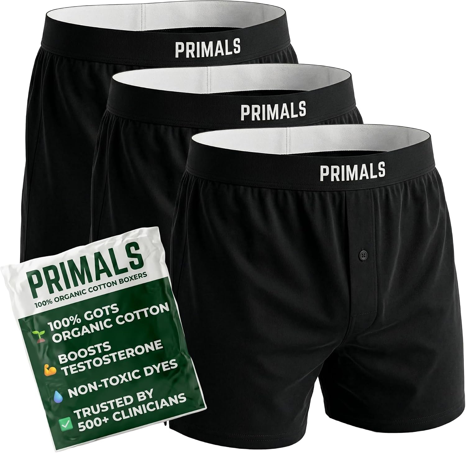 PRIMALS 100% Organic Cotton Boxers – Improves Testosterone & Fertility – Soft & Breathable – Midnight Black (3 Pack)