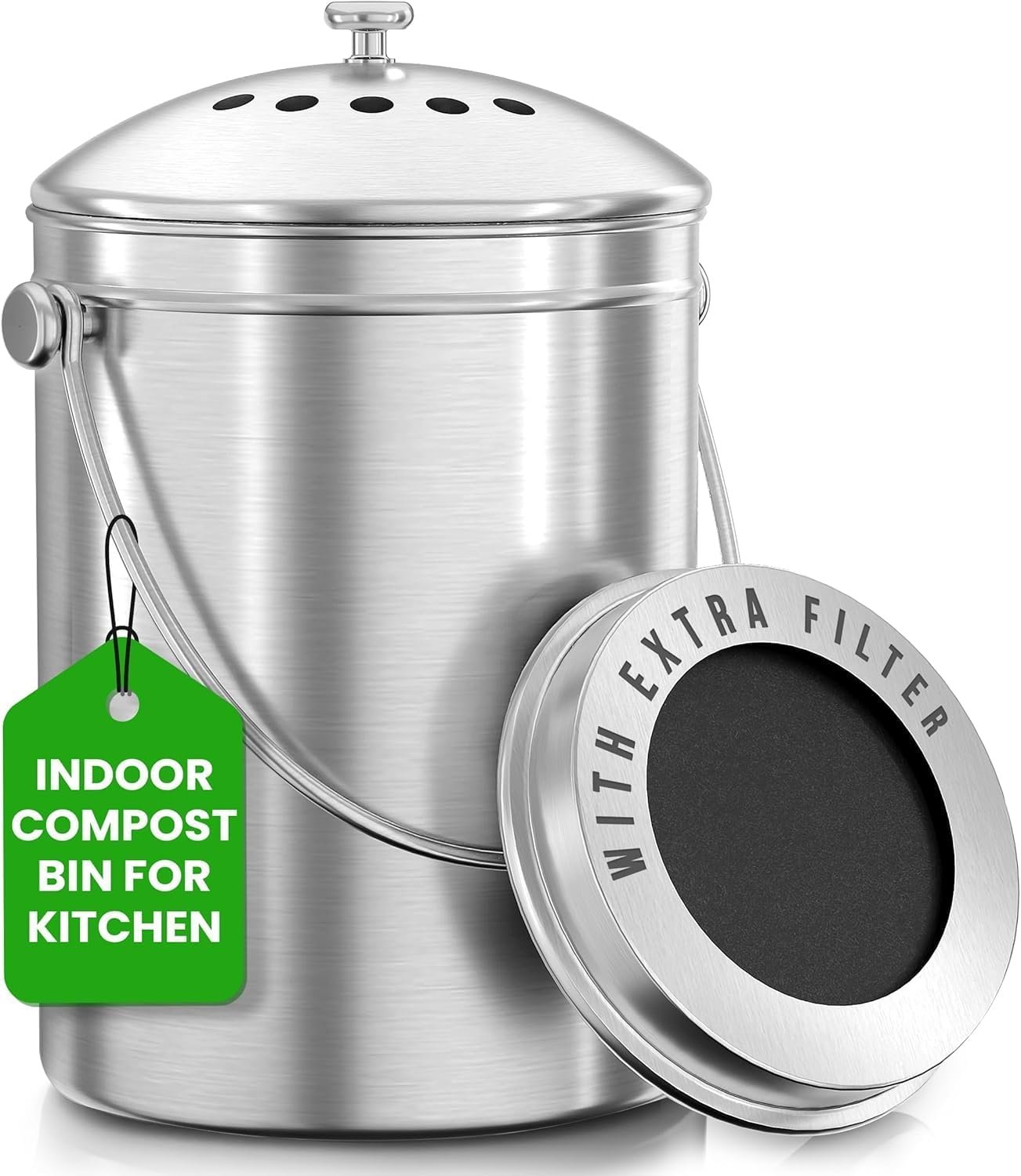Utopia Kitchen Countertop Compost Bin 1.3 Gallon, Stainless Steel, Silver | Odorless countertop compost bin with charcoal filter, ideal for food scraps and waste