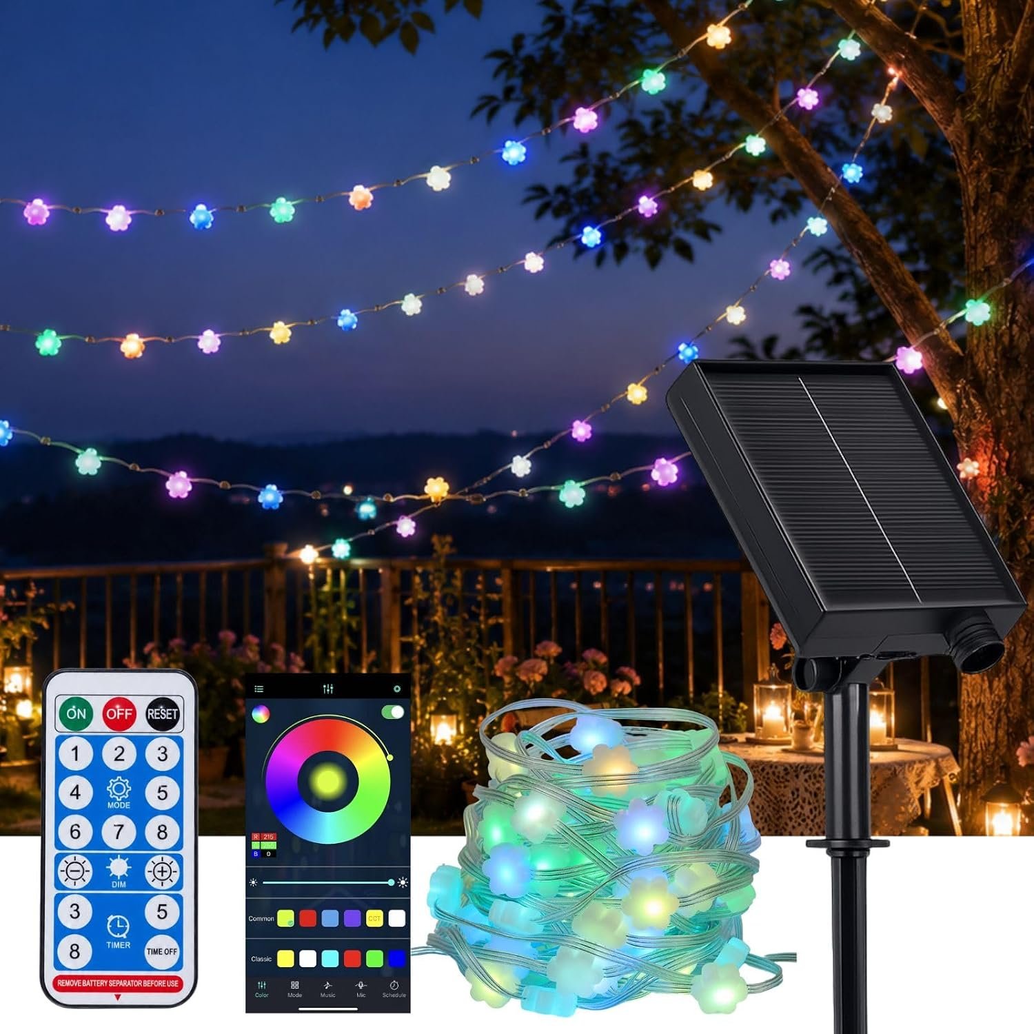 Solar Flowers String Lights, 33FT 66 LED RGB APP | IP65 waterproof, remote control, multi-mode. String lights for garden, party, tree, backyard decoration.