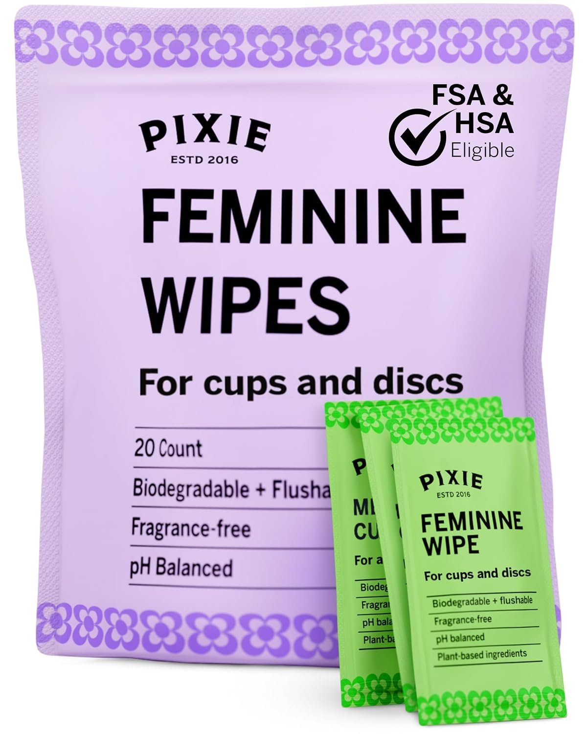 Pixie Feminine Wipes – Flushable, Biodegradable, & Ph Balanced – Individually Wrapped Packet Wipes for On The Go & Public Bathrooms – Wash & Cleaner For Your Menstrual Cups & Discs (1 Pack of 20)