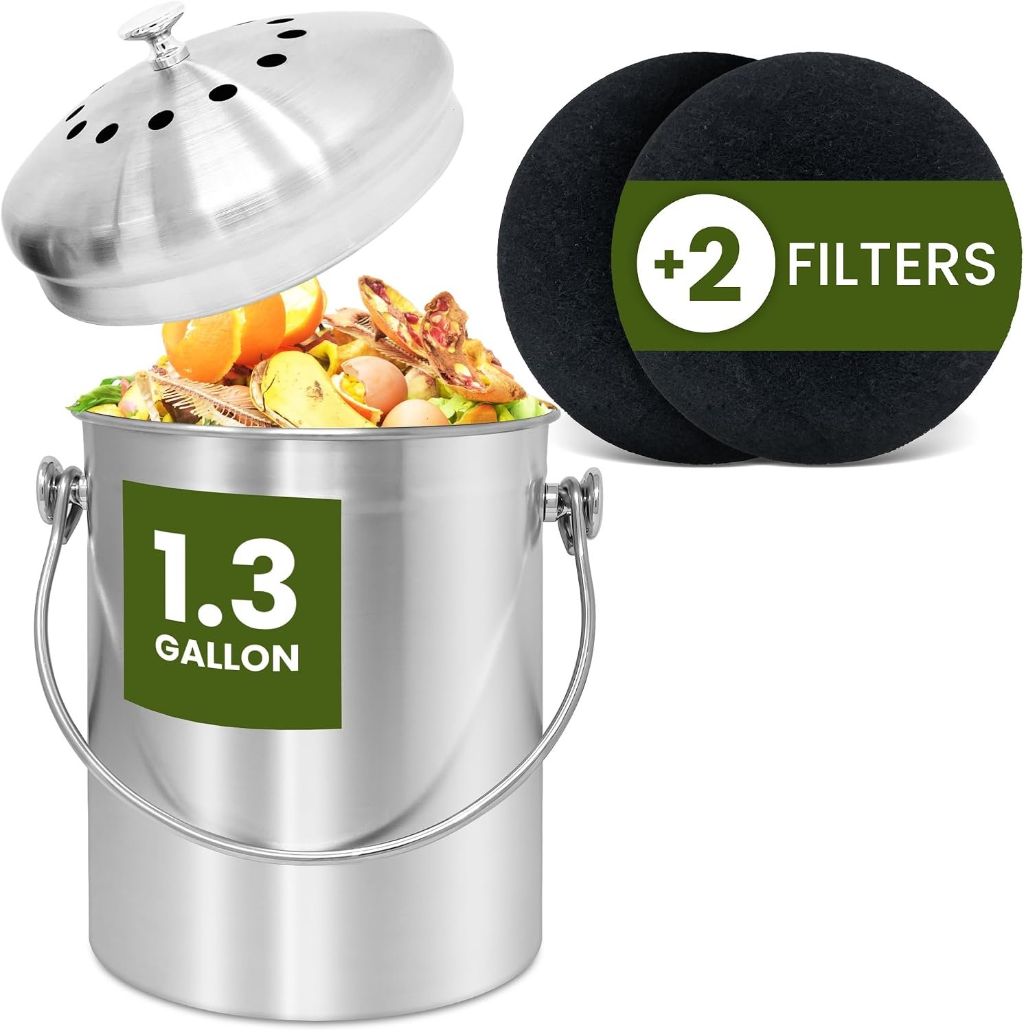 Reli. 1.3 Gallon Stainless Steel Compost Bin for Kitchen | Charcoal Filters | Silver, Indoor Composting Bin with Charcoal Filters | Odorless Food Waste Countertop Bucket