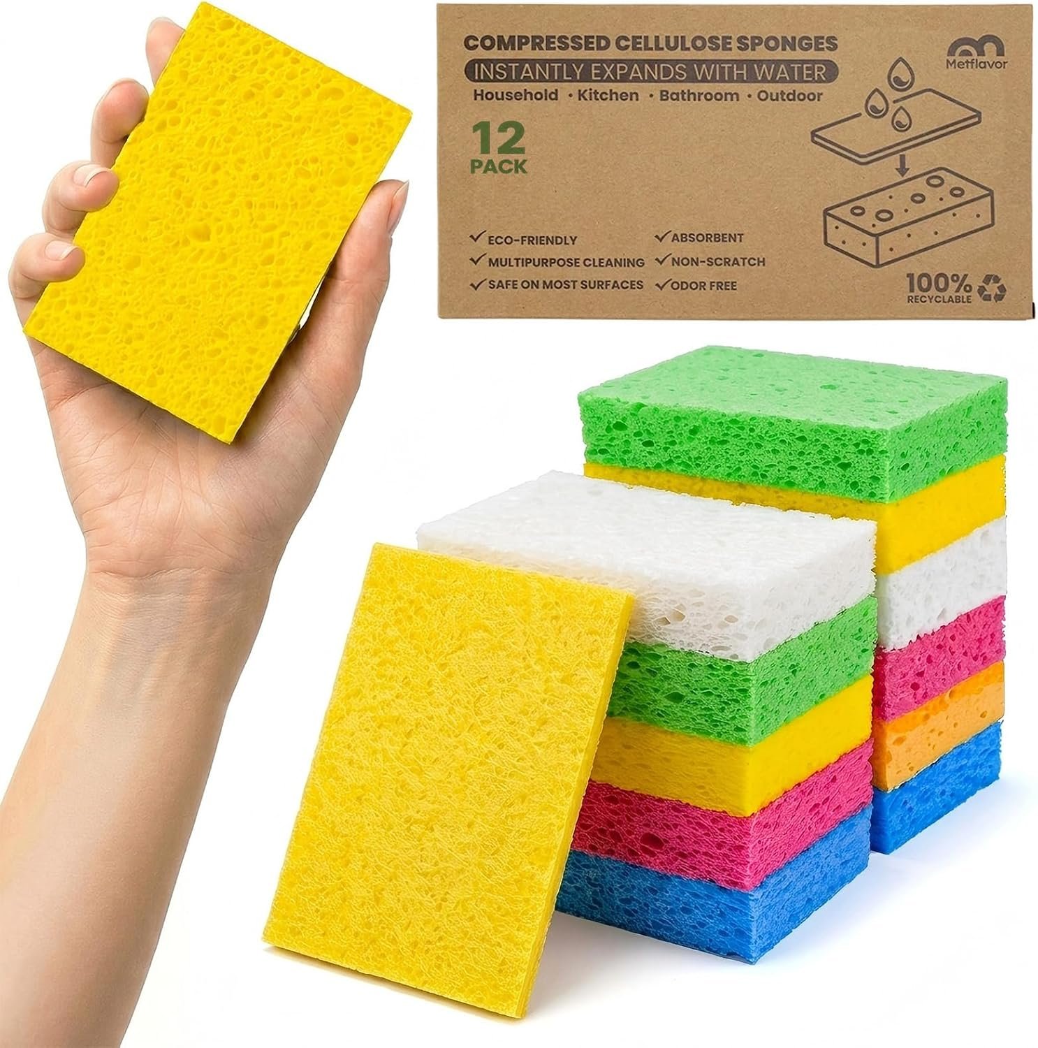 Metflavor Compressed Kitchen Sponges, 12 Count, Thick Pop-up Dish Sponges | Non-Scratch, Biodegradable & Compostable, 5″ x 3″ x 1″