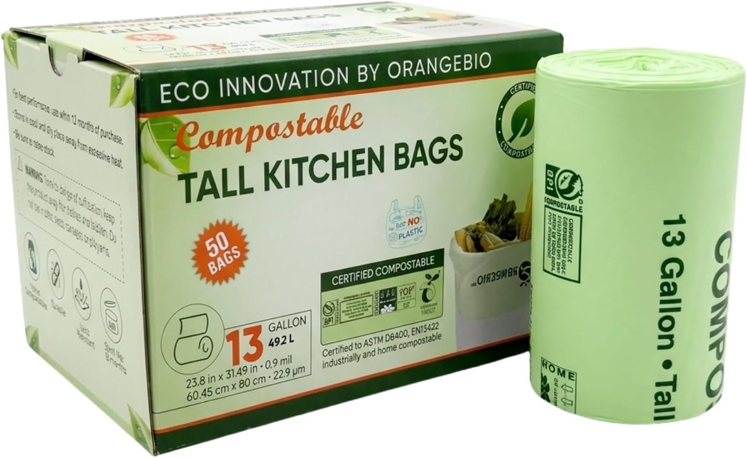 OrangeBio 13 Gallon Compostable Trash Bags, 50 Count, 0.9 Mil Extra Thick Tall Kitchen Bags for Food Waste & Compost, BPI ASTM D6400 & OK Compost Home Certified