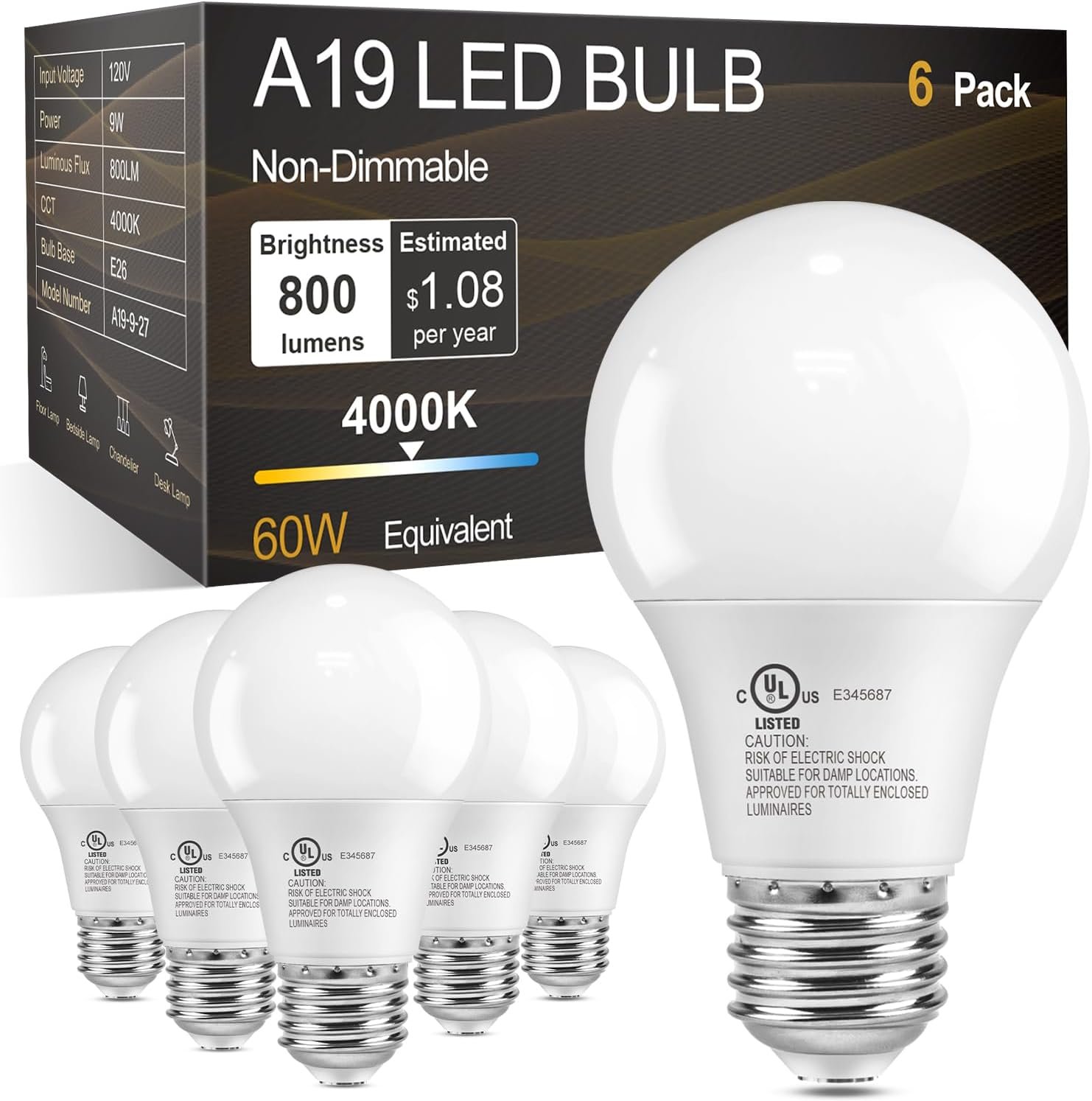 TJOY A19 LED Light Bulbs, 4000K Cool Neutral White,60W Eq,E26 Standard Base | 9W Energy Saving 85% Efficient, 800LM, Medium Base Lightbulbs for Home Indoor Lamps, CRI 85+, UL, 120V, Non-Dimmable, 6 Pack