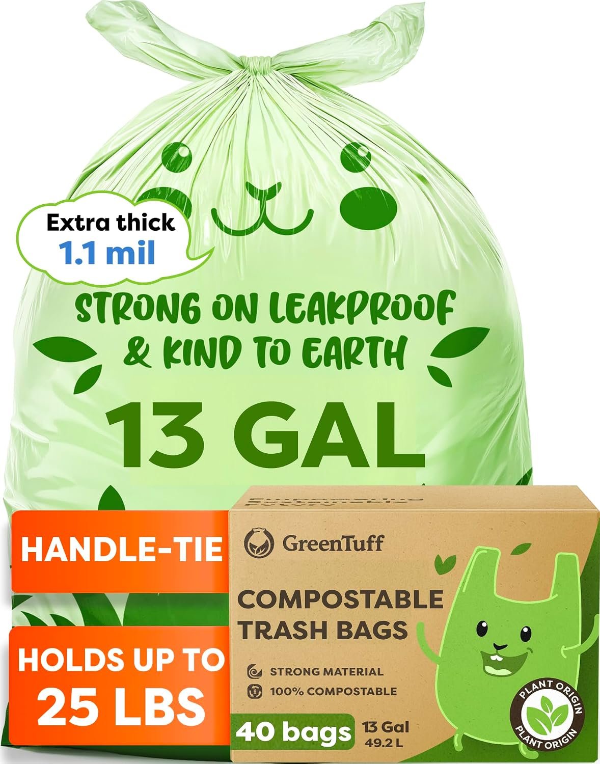 13 Gallon Compostable Trash Bags (40 Count) — Leakproof Plant-based Thick (1.1 Mil) Tall Kitchen Garbage Bags — ASTM D6400 BPI Certified — Heavy-Duty Large Food Scrap Liner Bag with Handle-Tie