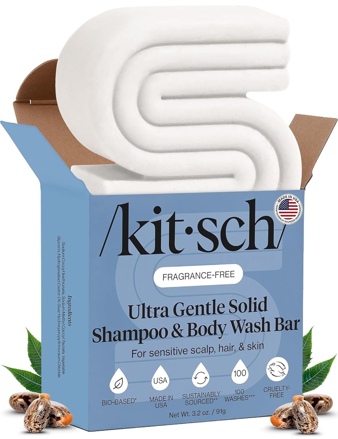 Kitsch Ultra Sensitive 2-in-1 Shampoo Bar and Body Wash Bar Soap – 3.2 oz | 5-Ingredient Formula Hair Care & Body Care – Fragrance Free & Vegan for Sensitive Scalp & Skin – Made in the USA