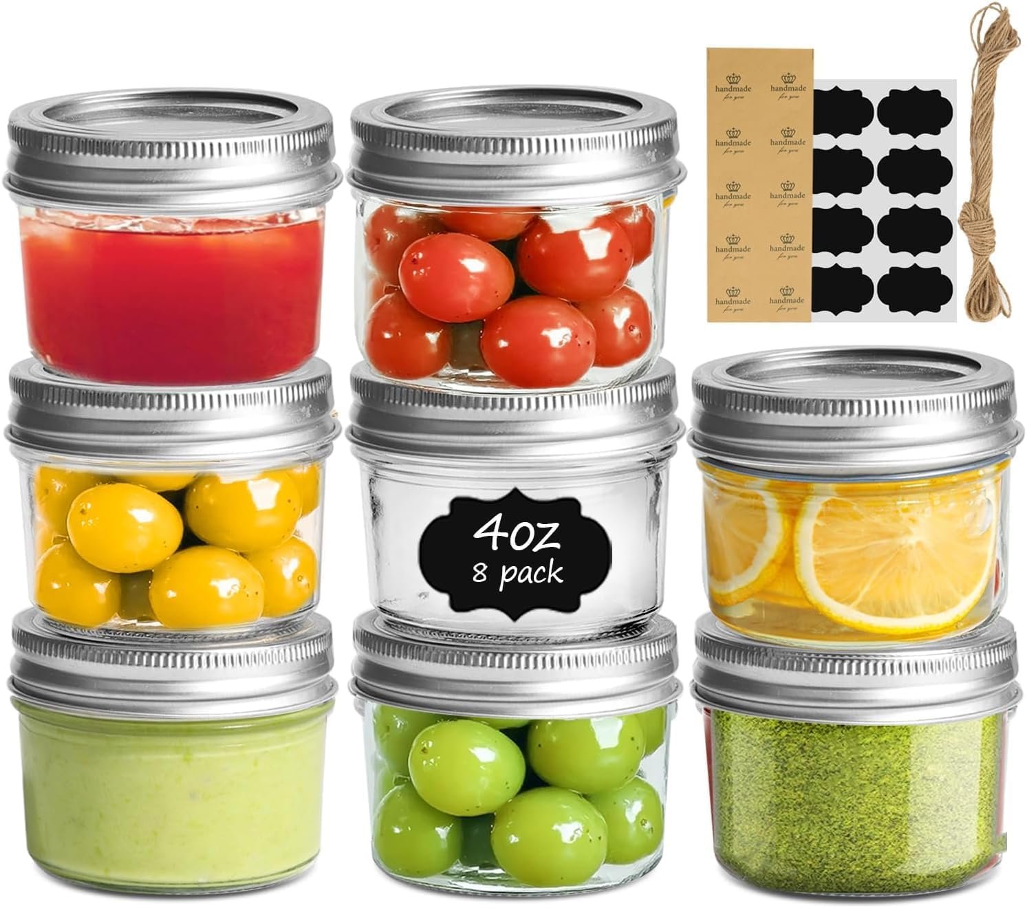 ComSaf Mini Mason Jars 4 oz, 8 Pack Regular Mouth Glass Jars with Lids | BPA-Free Materials, Spice Rack, Small Jam, Honey Samples, Wedding Favors, DIY Candles, Labels and Twine