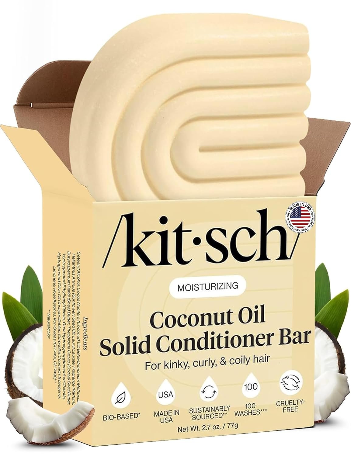 Kitsch Coconut Oil Conditioner Bar Soap for Hair Care – Made in USA, 2.7 oz | Hair Conditioner For Women and Men – Moisturizing, Hydrate & Soften Damaged Dry Hair – Paraben, Silicone, & Sulfate Free