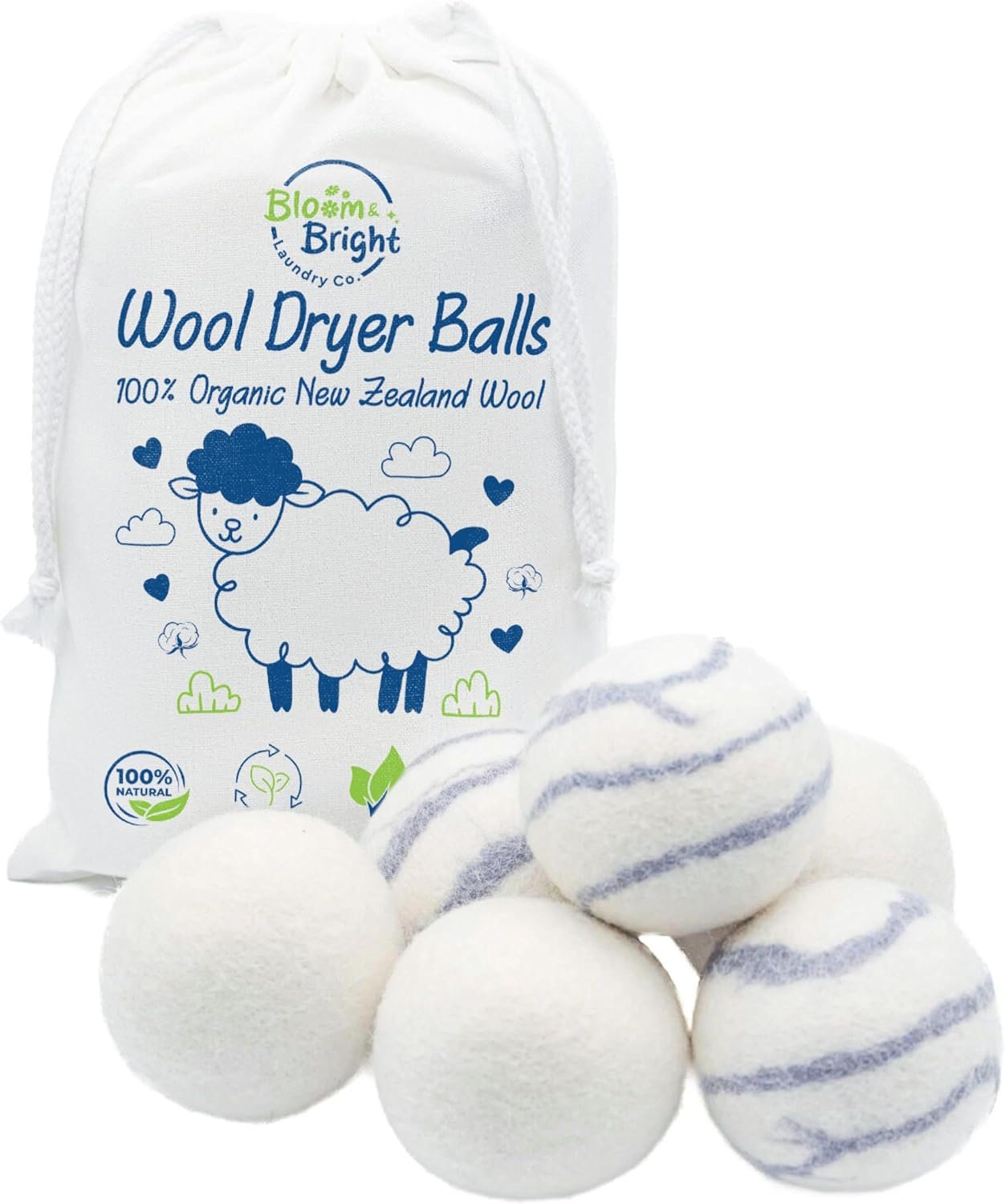 Organic Wool Dryer Balls Laundry Reusable (Set of 6) XL – 100% Pure New Zealand Wool – Natural Anti Static Fabric Softener Balls