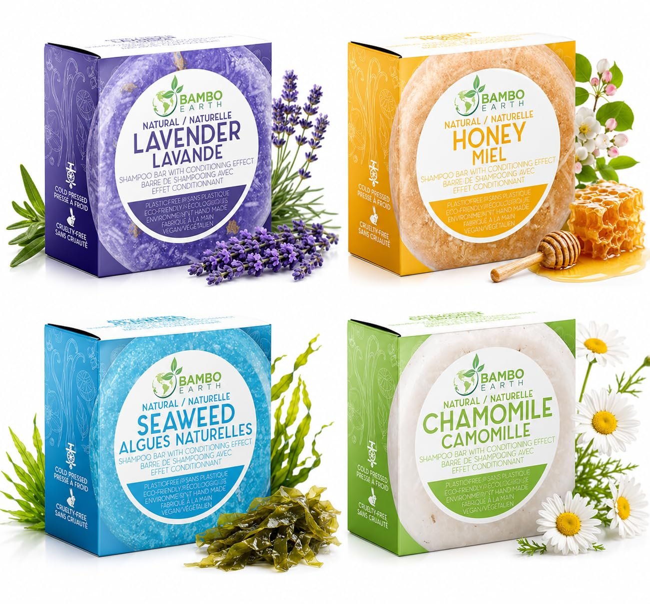 Shampoo Bar with Conditioning Effect – 4 Scent Variety Pack Solid Shampoo Bars for Hair – Cold Pressed, Vegan, Natural & Organic Coconut Oil Formula – Eco Friendly Plastic Free Zero Waste