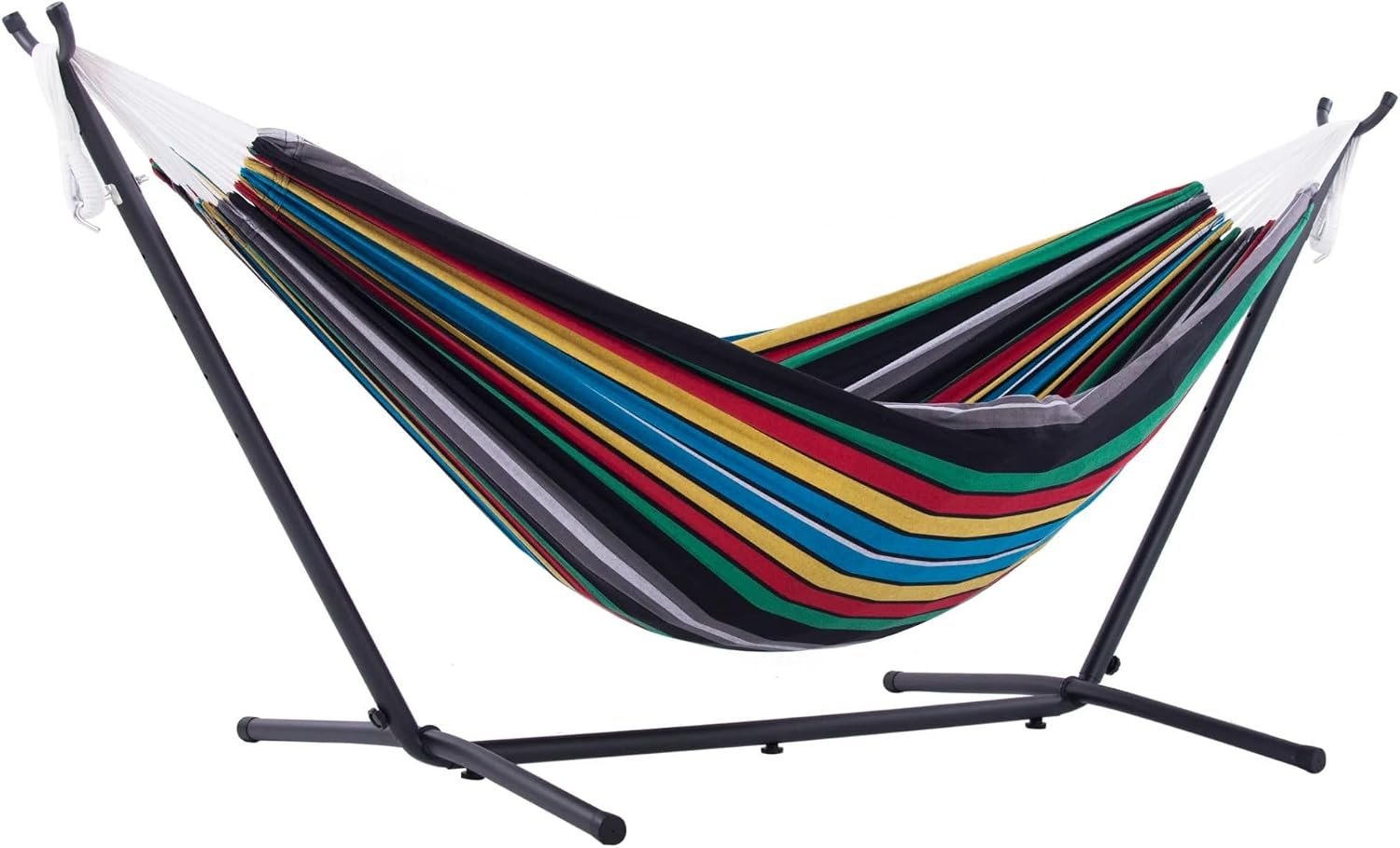 Vivere Double Cotton Hammock with Space Saving Steel Stand, Upgraded Polyester End Strings 450 lb Capacity – Premium Carry Bag Included (Rio Night)