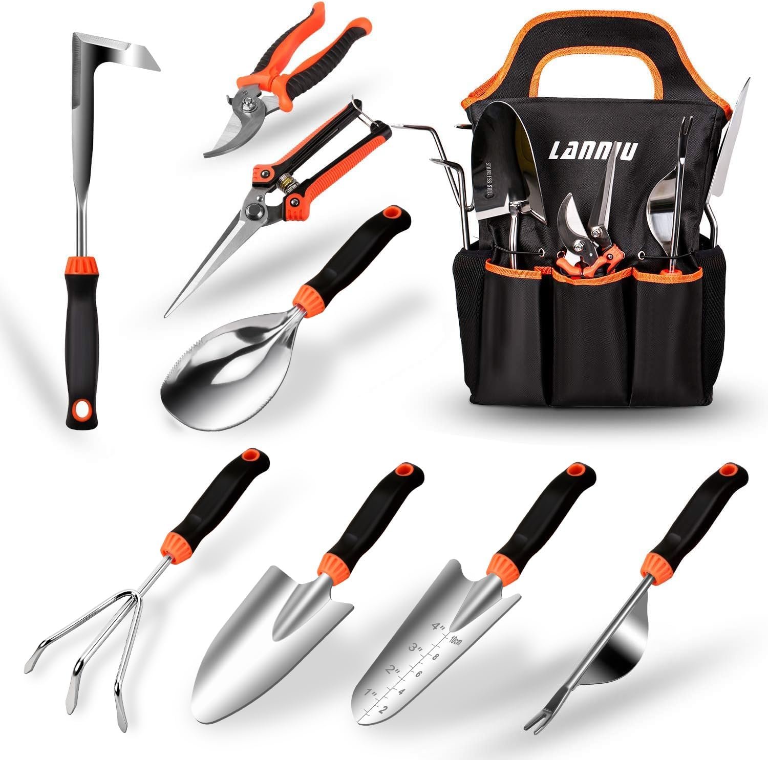 9 Piece Garden Tool Set | Heavy Duty Stainless Steel, Ergonomic Non-Slip Rubber Handles, Pruning Shears, Trowel, 600D Storage Tote Bag