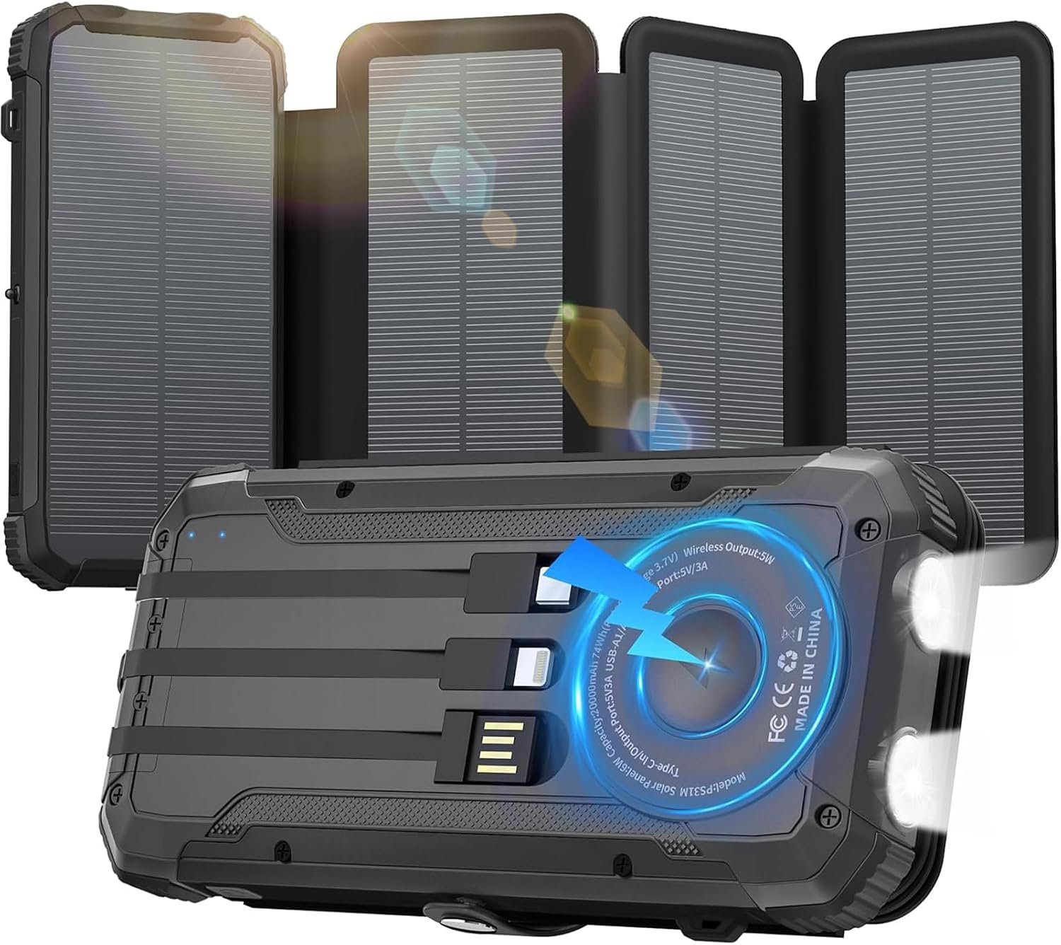 Solar Power Bank 20000 mAh Built-in 3 Cables Wireless Charger | Wireless Charging Battery Pack Compatible for iPhone, iPad, Bright 2 LED Flashlight Perfect for Camping, Hiking, Emergency