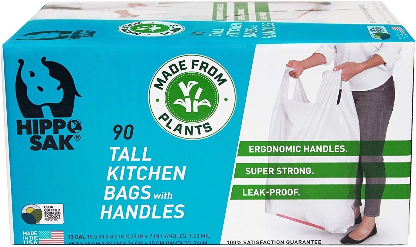 Hippo Sak – Plant Based Tall Kitchen Garbage Bags with Ergonomic Handles – 13 Gallon Trash Bags – Recyclable & Eco Friendly – Super Strong and Leak Proof Tall Kitchen Trash Bags (90 Count)