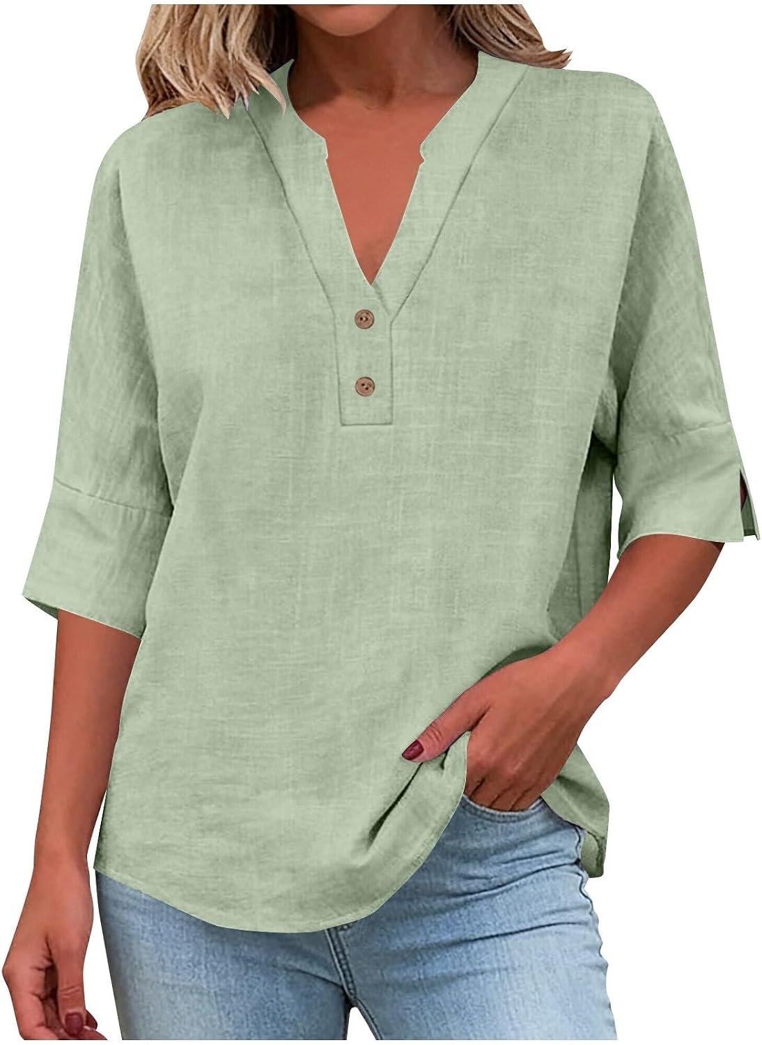 Cotton Linen Tops for Women V Neck 3/4 Sleeve Shirts | Summer Casual Loose Fit Fashion Clothing 2026 Three Quarter Sleeve Ladies T Shirts Summer Beach Vacation Blouses Seniors