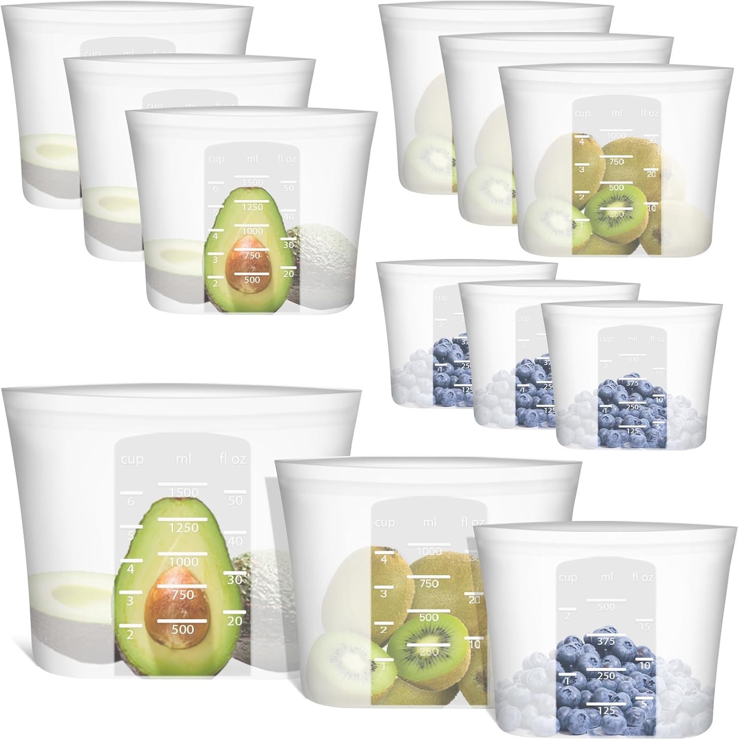 100% Silicone Reusable Storage Bag, 9 Pack Stand-Up Wide-Mouth Zip-Lock Food Storage Bags, Easy-Fill Easy-Open Easy-Clean Space-Saving, Microwave & Dishwasher Safe, 3 M/3 S/3 XS, Translucent