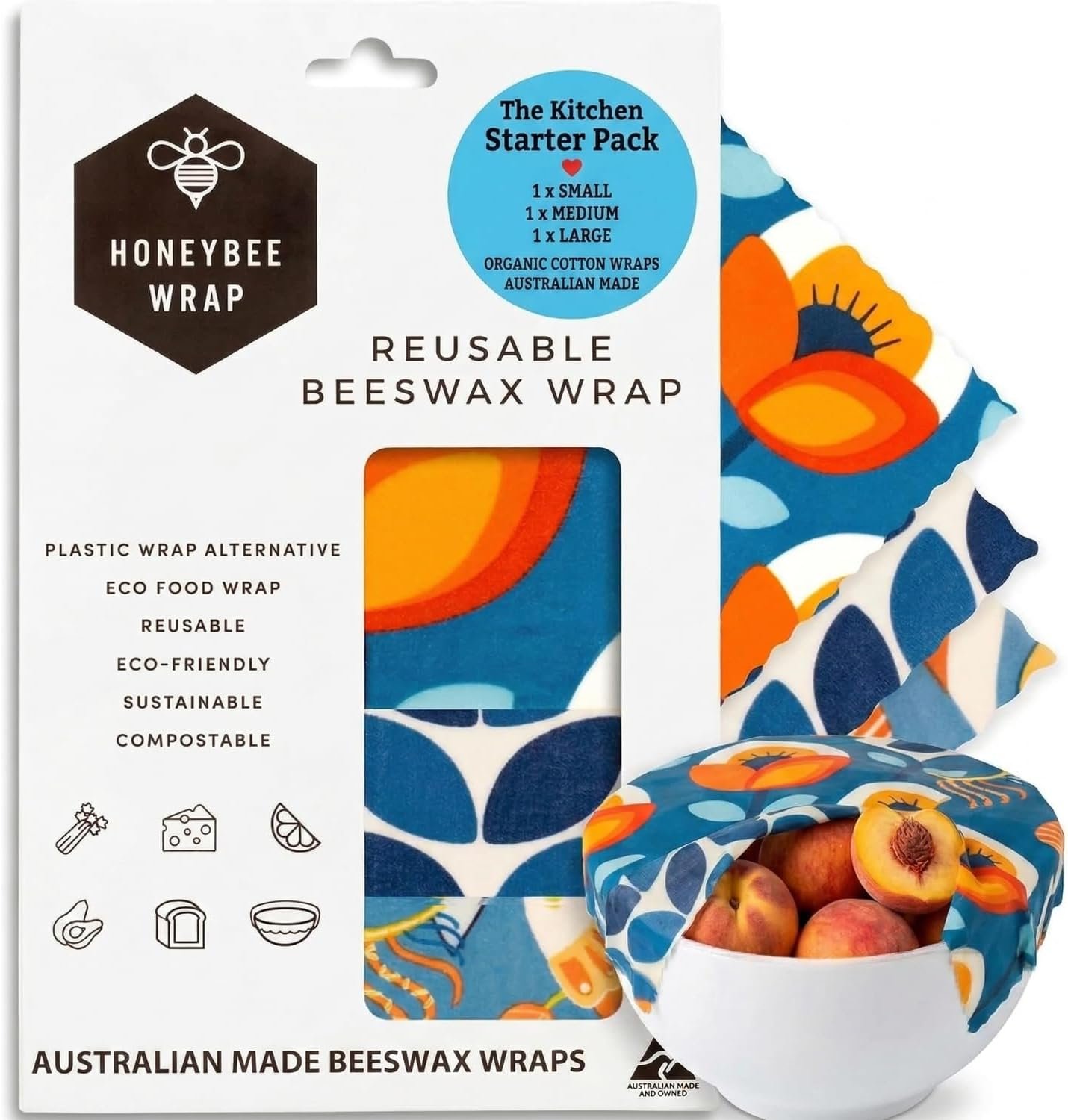 Honeybee Beeswax Wraps – Kitchen Starter Pack – Certified Organic Cotton Beeswax Wrap – Reusable Beeswax Wraps for Food – Plastic Wrap & Sandwich Bags Alternative – 3 Pack – Small, Medium & Large