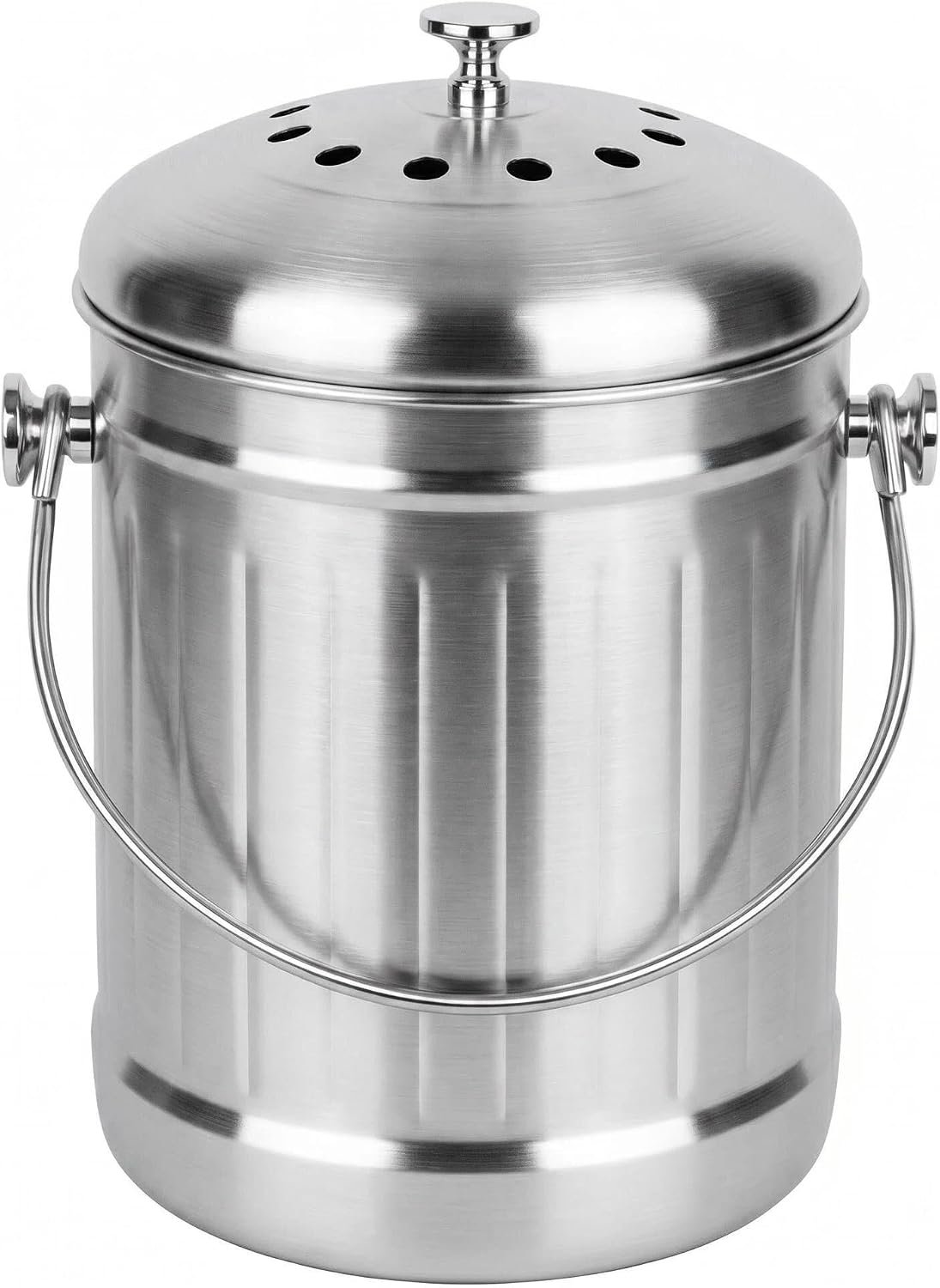 1.3 Gallons 5L Brushed Stainless Steel Kitchen Countertop Undersink Indoor Odorless Composting Compost Bin Countertop Composter with Charcoal Filter Inside Lid Brushed