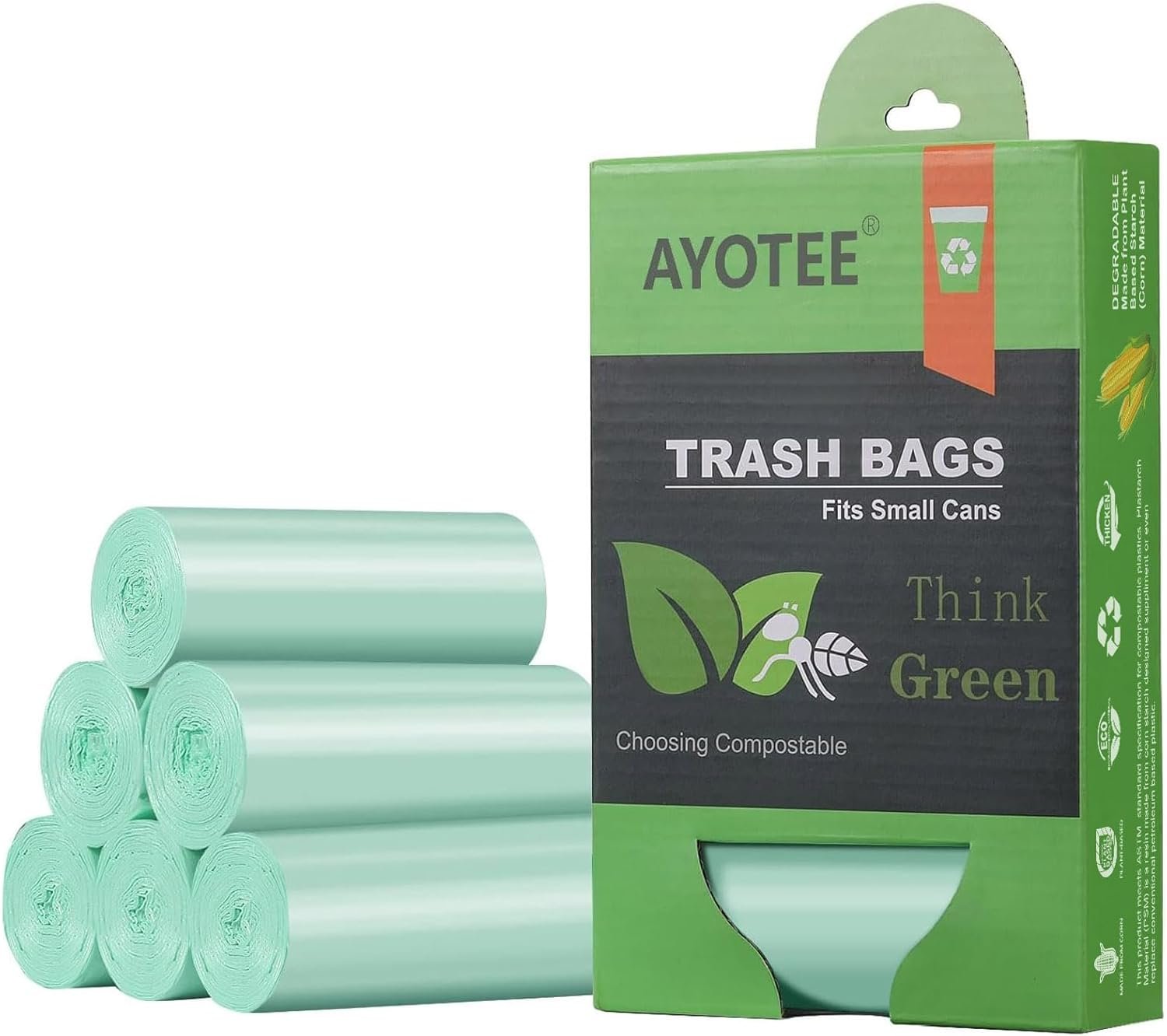 AYOTEE 1.2 Gallon Small Trash Bags Compostable Garbage Bags, 125 Count | Mini Compostable Bags, Strong Bathroom Wastebasket Can Liners trash Bags for Home Office Kitchen fit 5L,5 Liter,1 Gal,Green