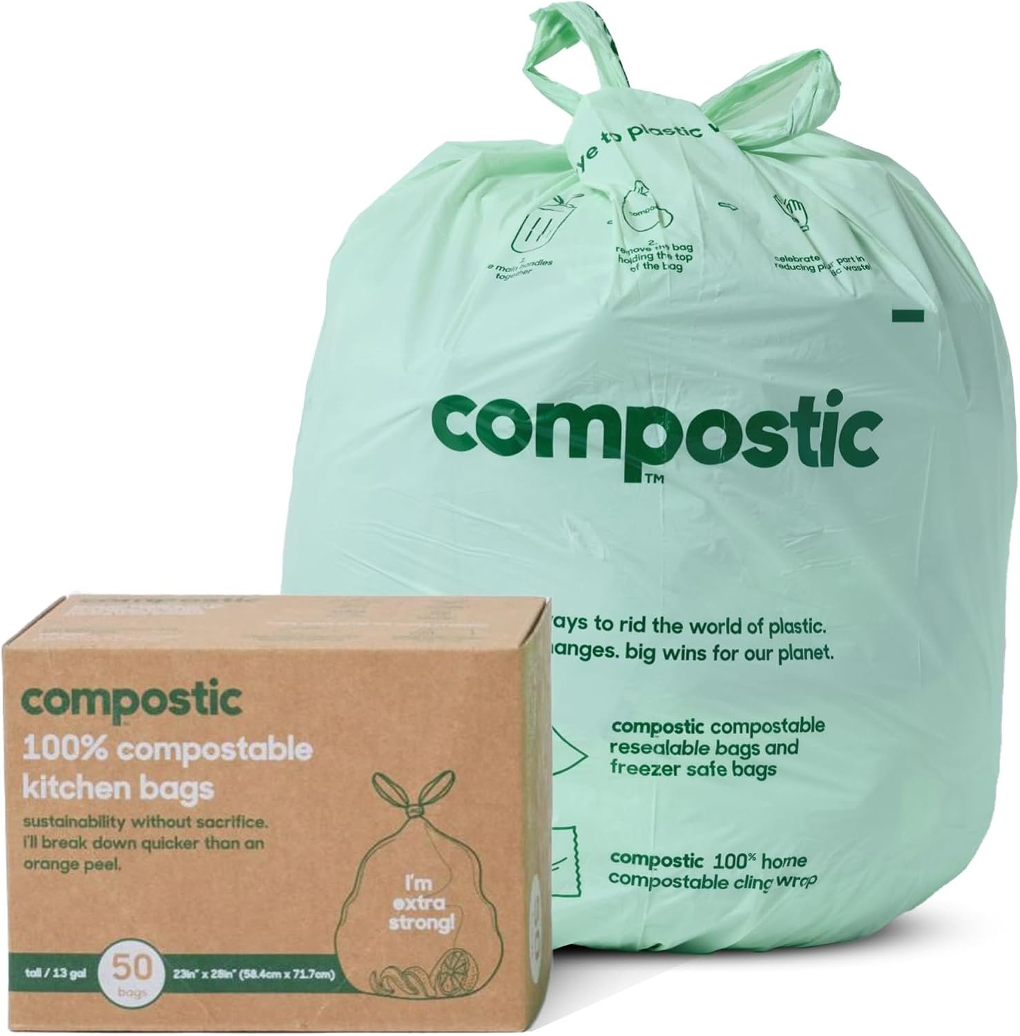 Compostic Compostable Trash Bags, 13 Gallon Tall Kitchen (50 Count) Starter Pack — Extra Strong, Home Compostable, Plant-Based, Non-Toxic, Unscented Garbage Bags