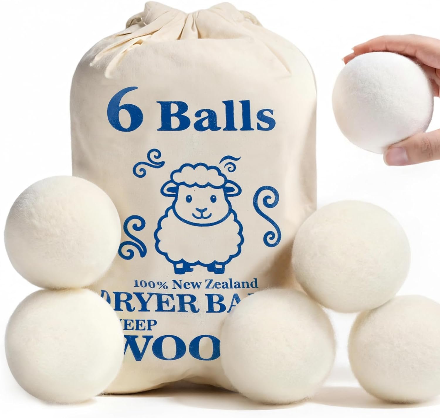 Wool Dryer Balls, New Zealand Dryer Balls Laundry Reusable Reduce Static Cling, Dryer Ball to Reduce Wrinkles & Shorten Drying Time, Drying Balls Fabric Softener Ball for Laundry（Pack of 6)